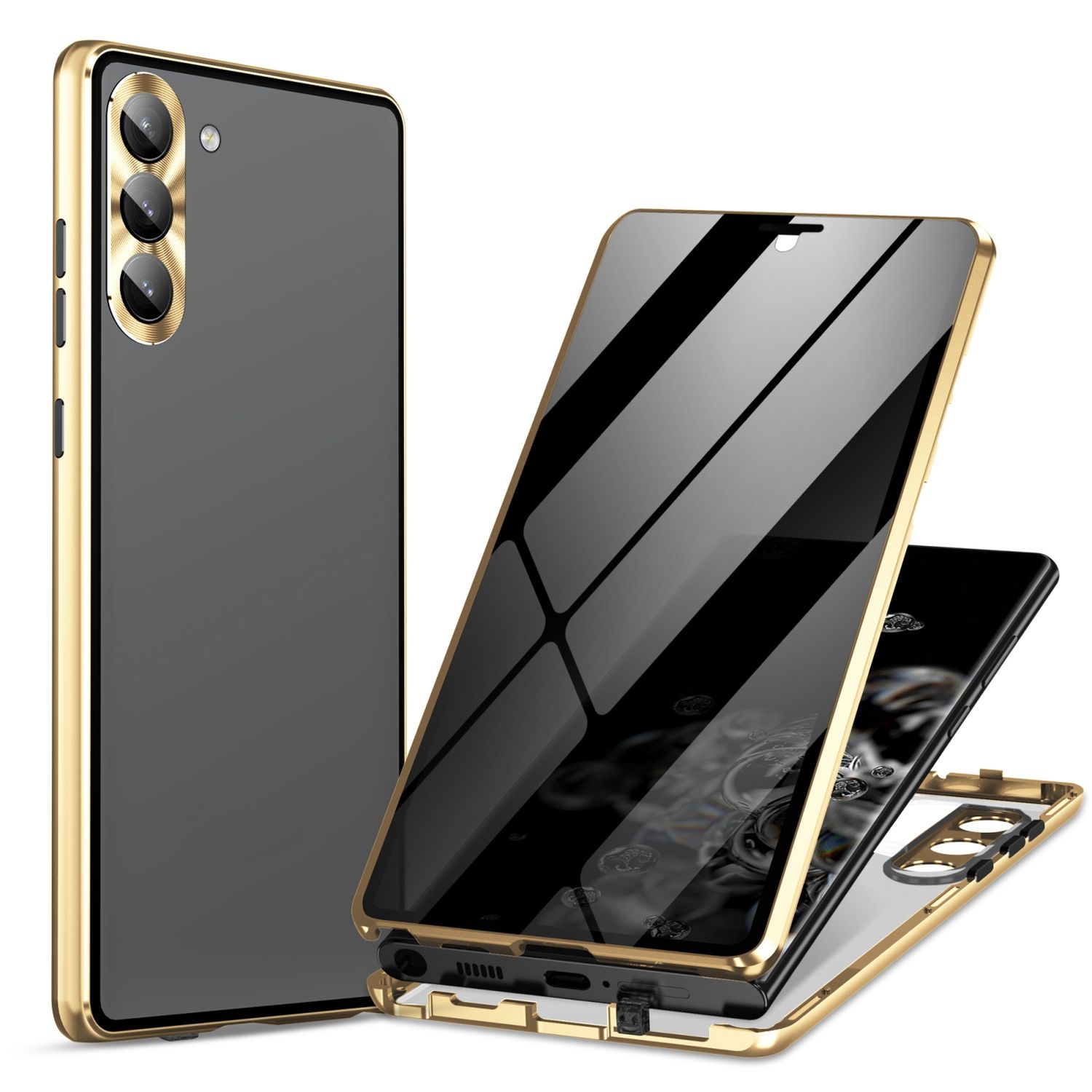 Für Samsung Galaxy S24 Plus Full Cover Magnet / Glas Privacy Hülle Handy  Tasche Bumper Gold | Wigento