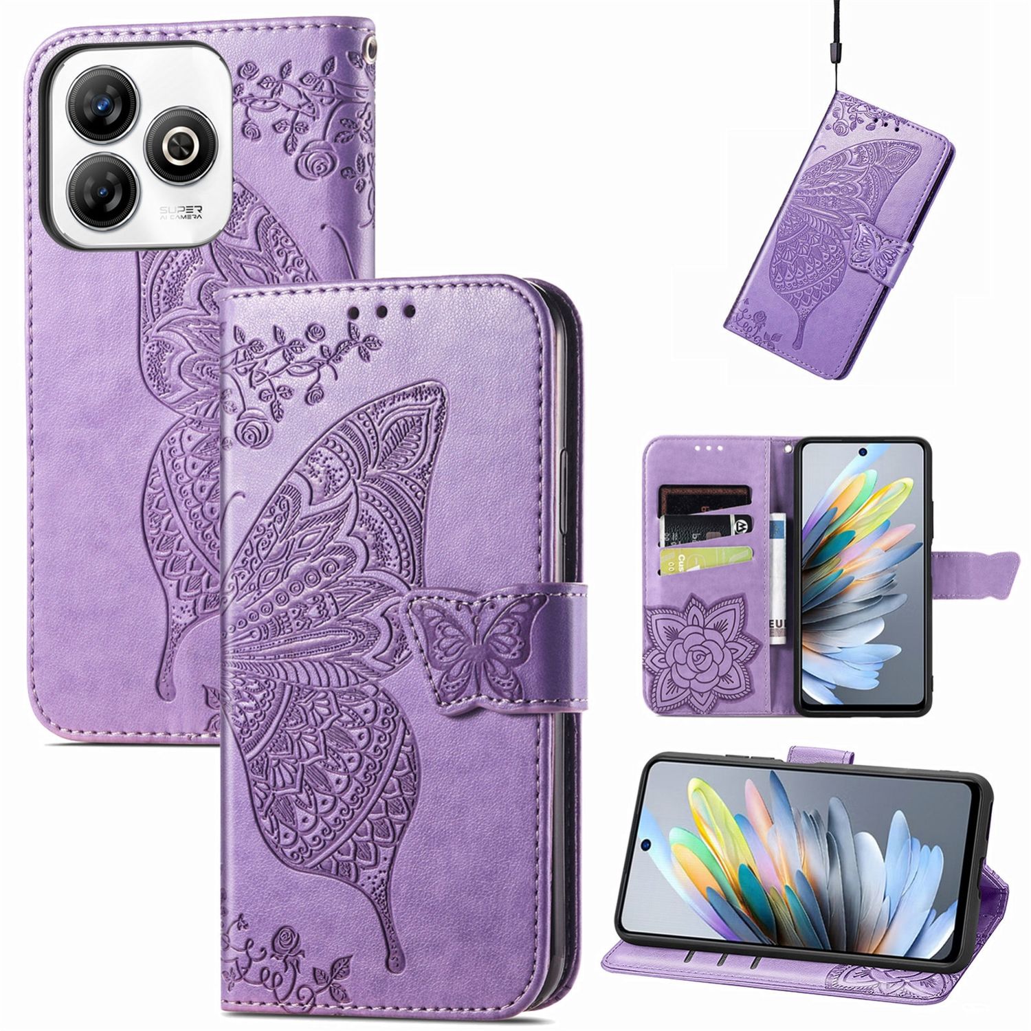 Fr ZTE Blade A75 4G Kunstleder Schmetterling Hlle Tasche Hell-Lila |  Wigento