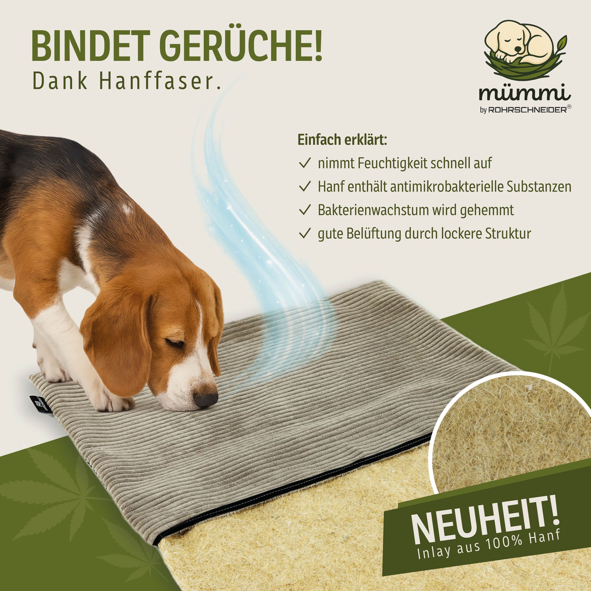 mmmi Hundebett HANF - geruchsbindend | Allergikerfreundlich | Hundekissen  Cord-Bezug waschbar bei 60 | Hundematte eckig rutschfest | Hundedecke  TOP-Qualitt, Hundematratze made in Germany | animal-design