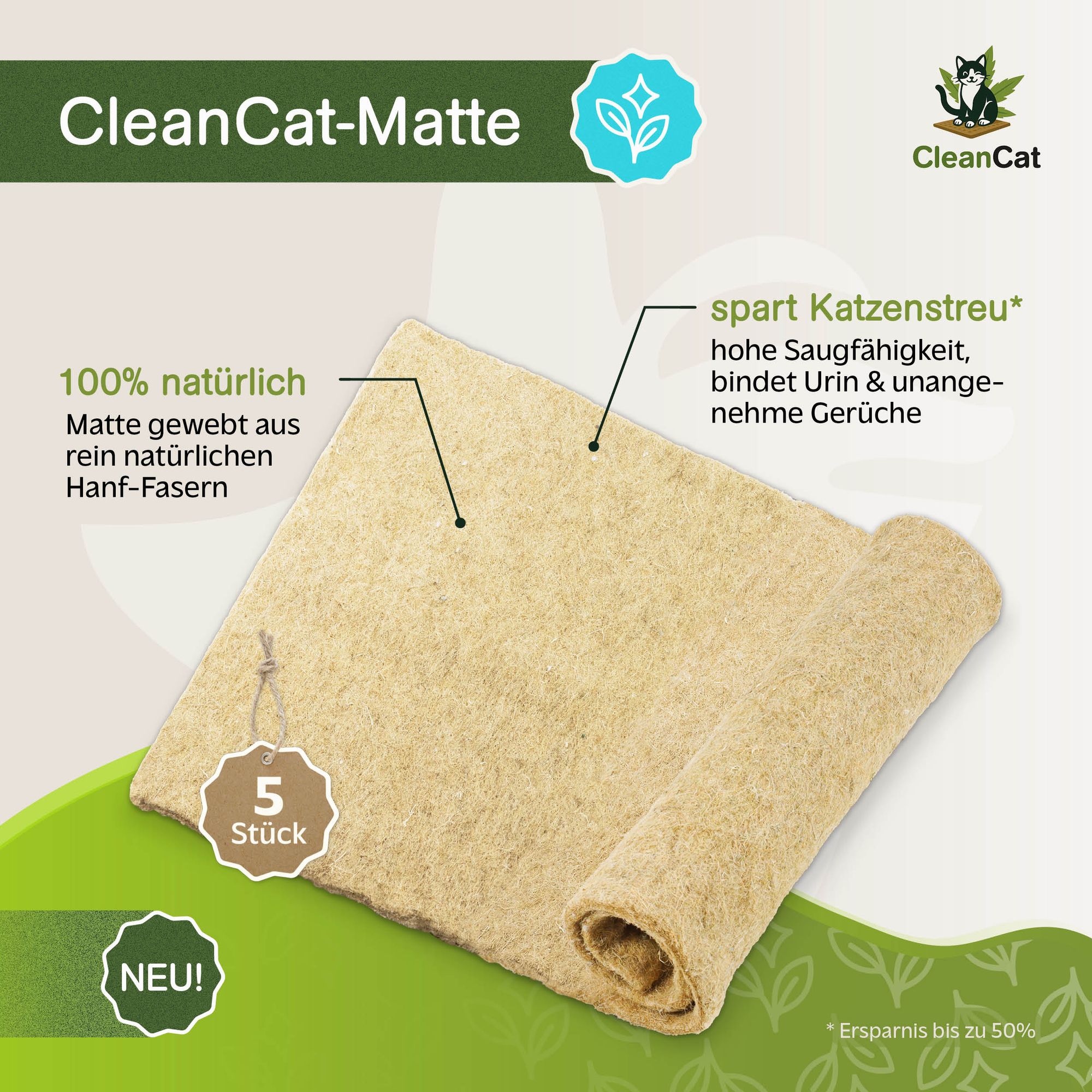 CleanCat Hanfmatte - Katzenstreu Ersatz HANF | Geruchsneutralisierend  Katzenklo | BIO Katzenmatte staubfrei fr Katzentoilette | Katzenstreumatte  zuschneidbar | Katzenklomatte natur | animal-design