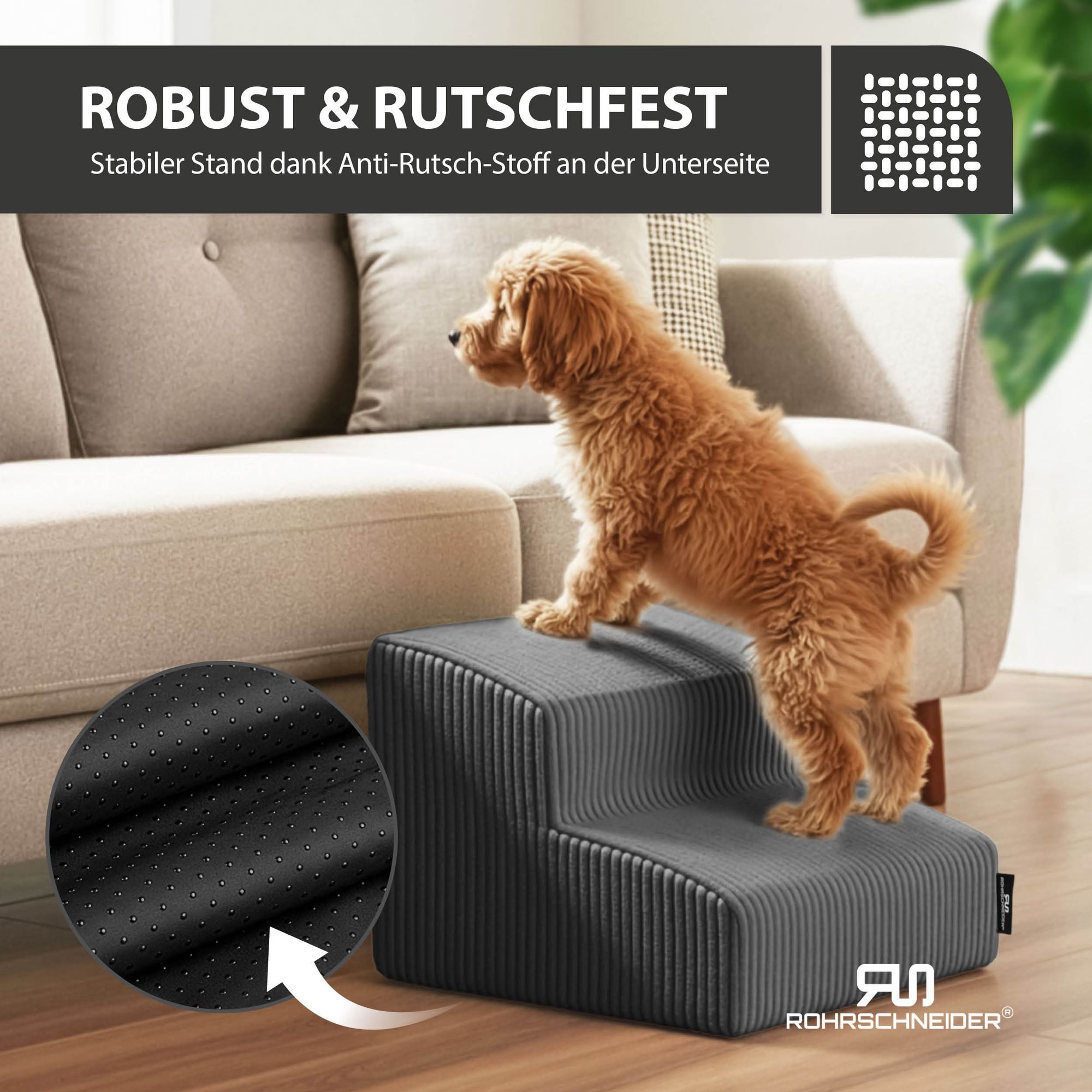 Rohrschneider Hundetreppe kleine Hunde | Made in EU | Haustiertreppe mit  rutschfester Unterseite | Katzentreppe mit waschbarem Cordbezug | Hunderampe  mit Schaumstofffllung | 39 x 41 x 30 cm | animal-design