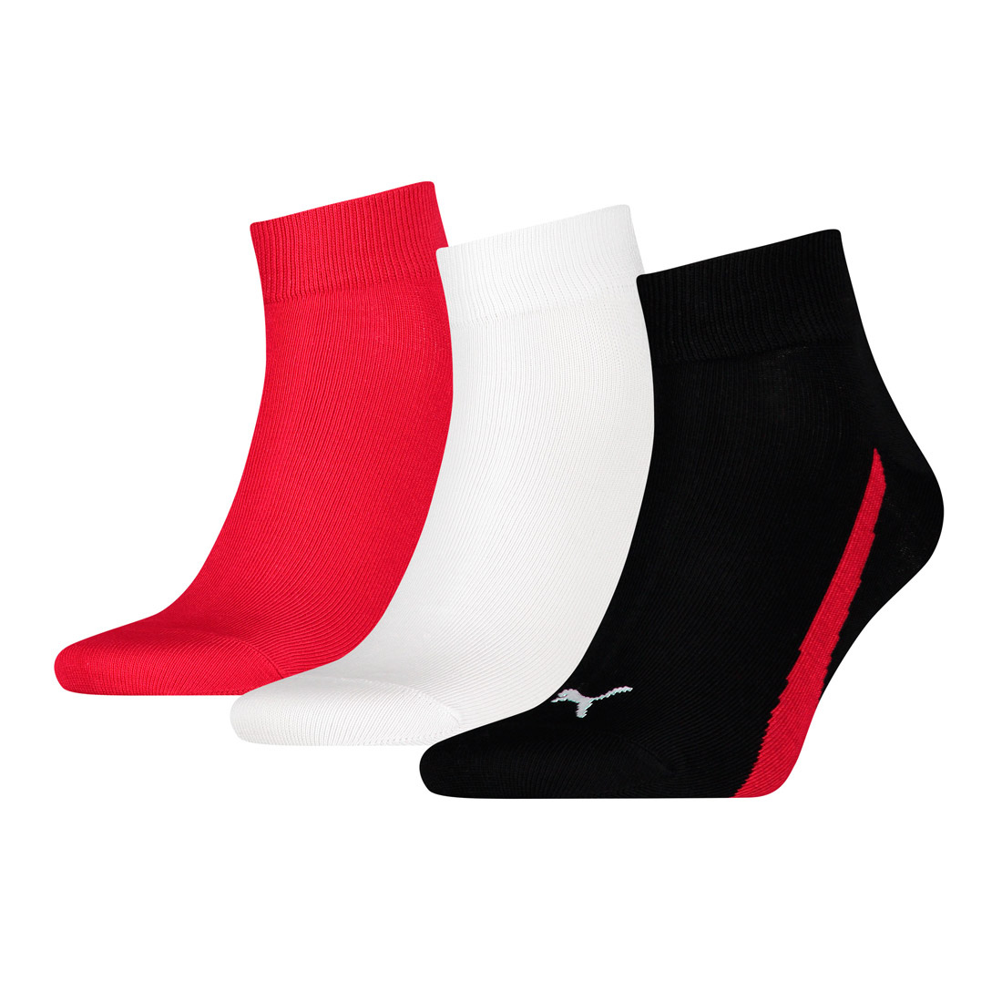 3 Paar Puma Lifestyle Quarter Socken Gr. 35 – 46 Unisex Sneaker Füßlinge 852 – black/white/red, 43-46