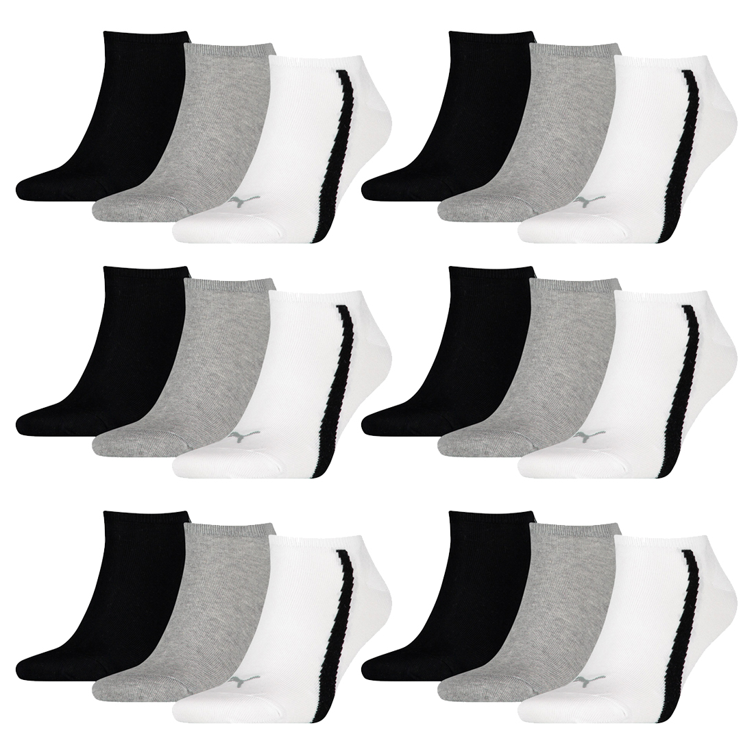 18 Paar Puma Lifestyle Sneaker Socken Gr. 35 – 46 Unisex Kurzsocke Füßlinge 325 – white/grey/black, 35-38