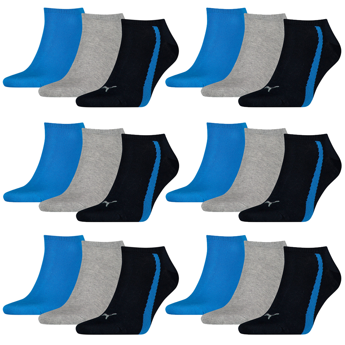 18 Paar Puma Lifestyle Sneaker Socken Gr. 35 – 46 Unisex Kurzsocke Füßlinge 523 – navy/grey/strong blue, 39-42