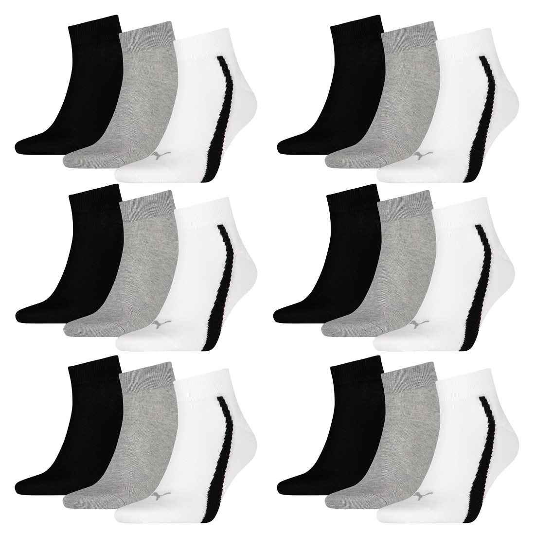 18 Paar Puma Lifestyle Quarter Socken Gr. 35 – 46 Unisex Sneaker Füßlinge 325 – white/grey/black, 35-38