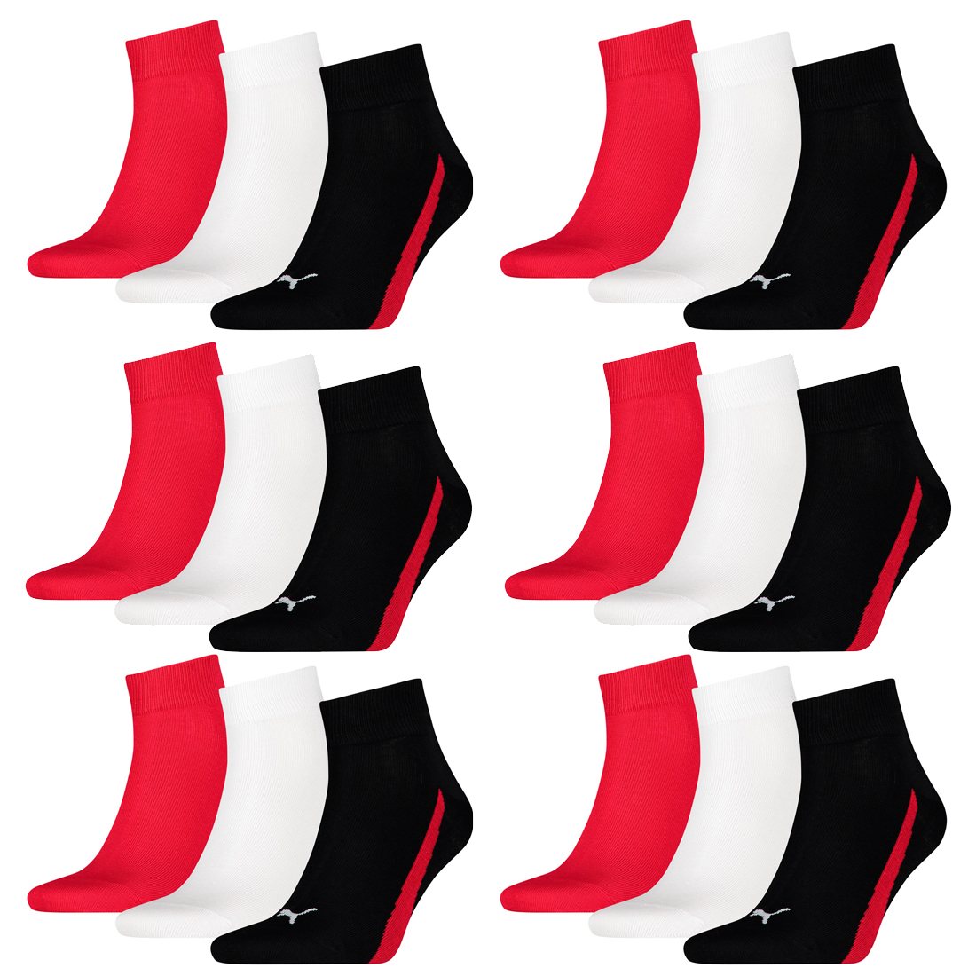 18 Paar Puma Lifestyle Quarter Socken Gr. 35 – 46 Unisex Sneaker Füßlinge 852 – black/white/red, 35-38