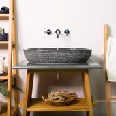 Andesit Stein-Waschbecken 70 cm MARA oval schwarz gehämmert Natur-Steinwaschbecken Aufsatzwaschbecken Gäste WC Wohnfreuden