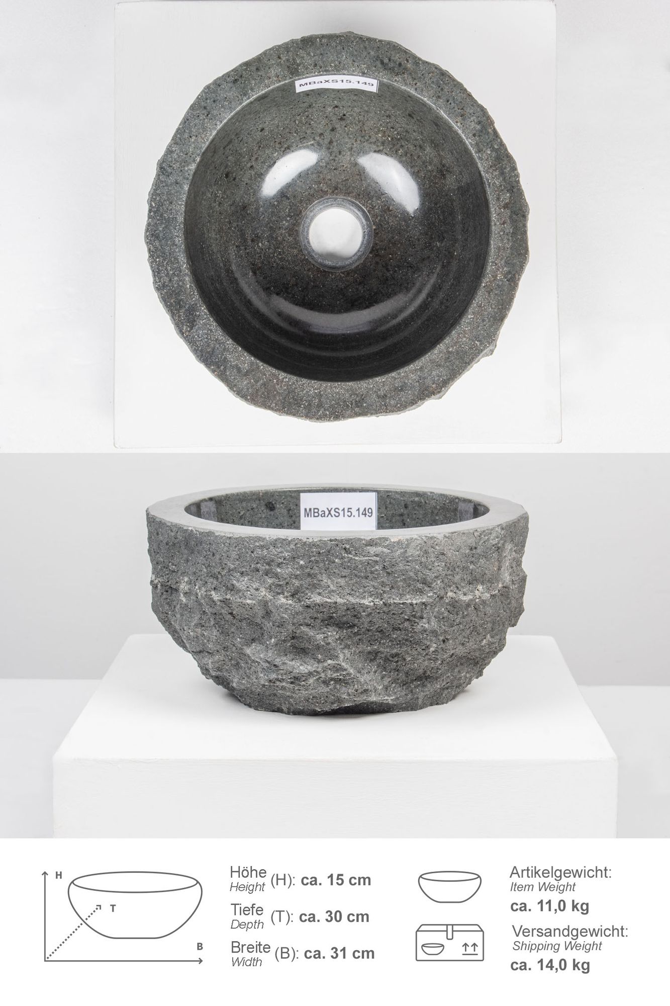 Erosi Andesit Waschbecken 30 cm anthrazit MBaXS15.149