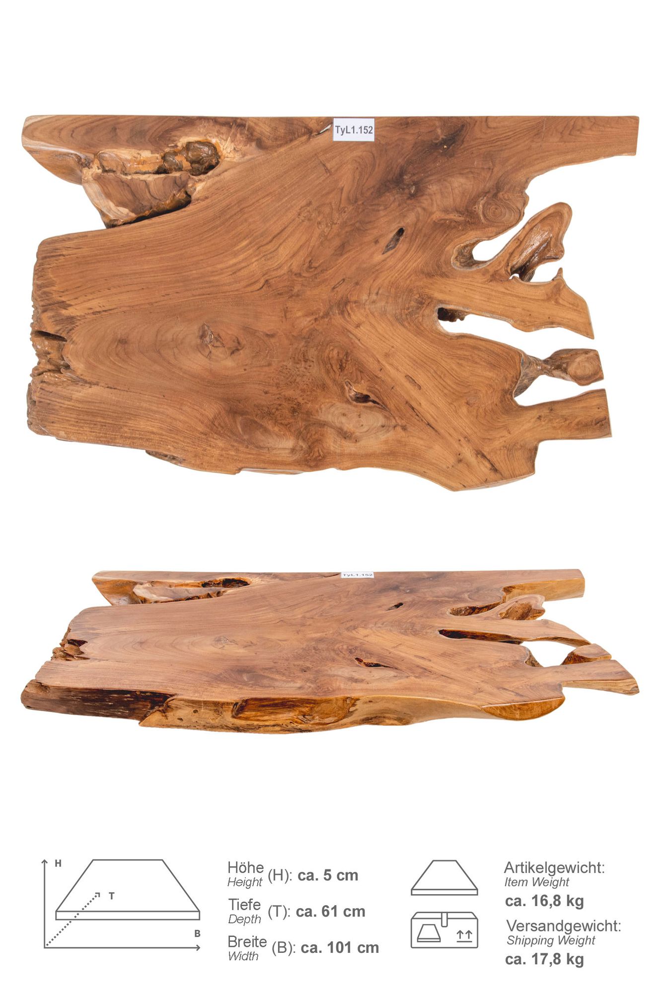 Teak Holz Waschtischplatte LYLAC Gr. L ab 100 cm braun lasiert TyL1.152