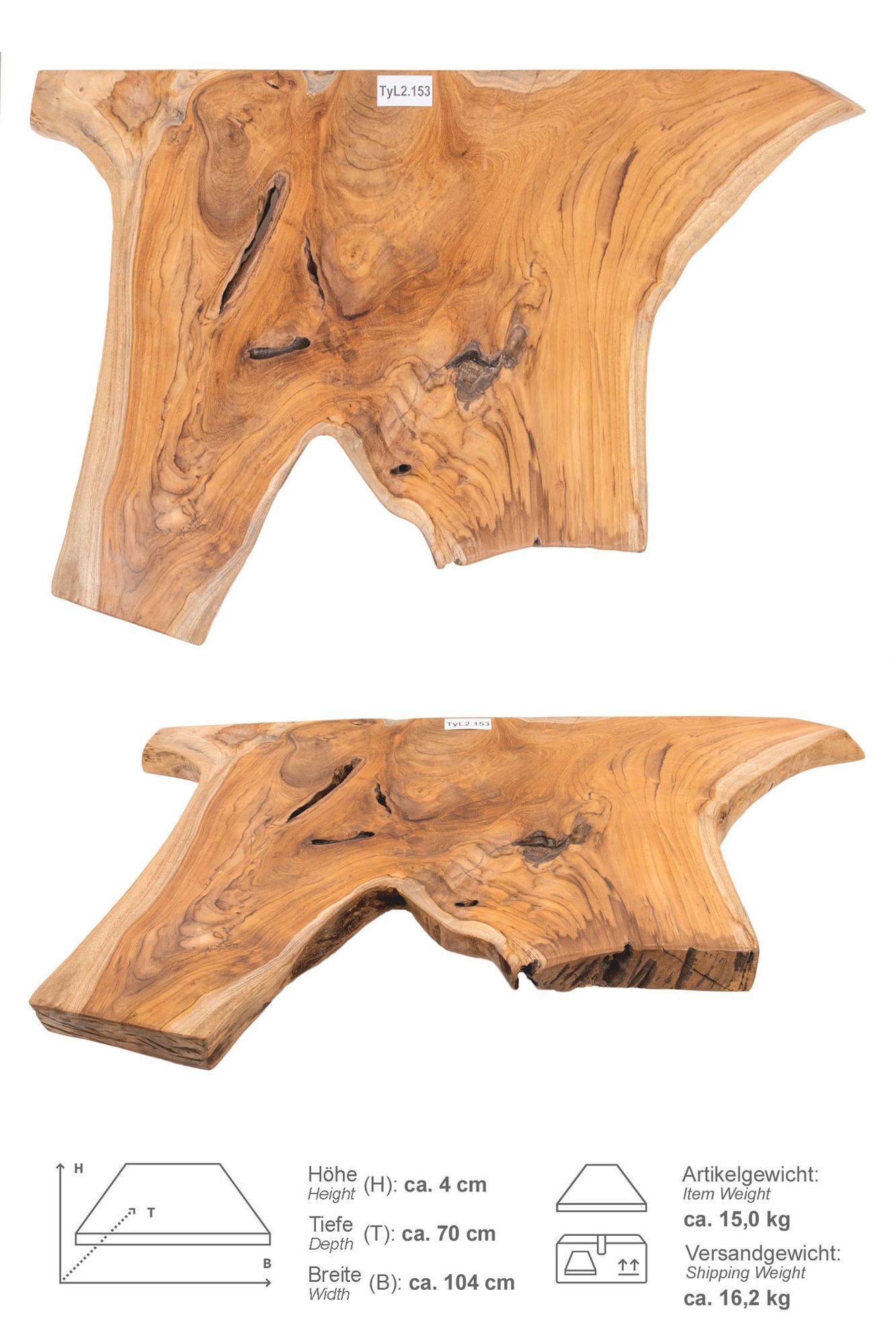 Teak Holz Waschtischplatte LYLAC Gr. L ab 100 cm braun lasiert TyL2.153