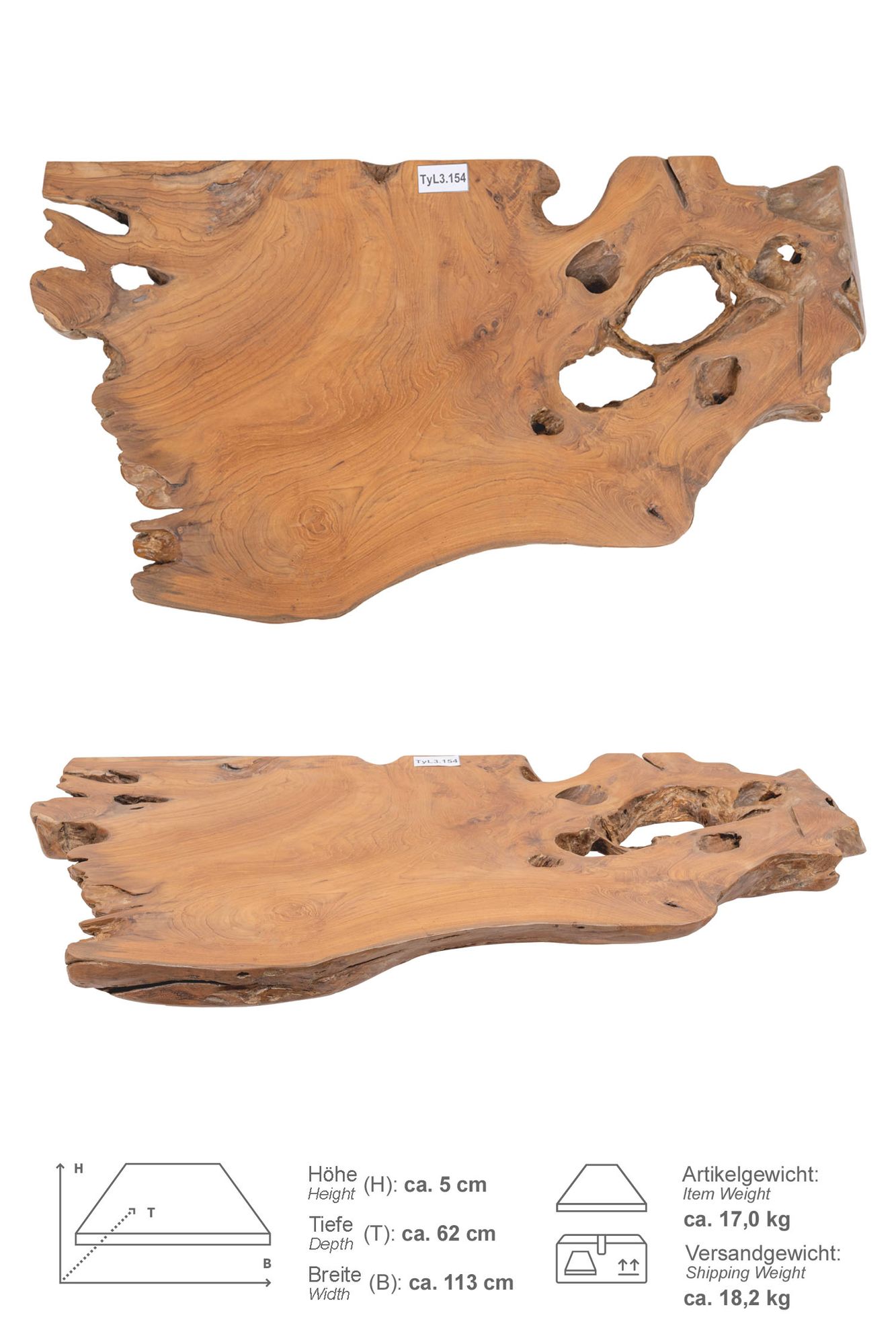 Teak Holz Waschtischplatte LYLAC Gr. L ab 100 cm braun lasiert TyL3.154