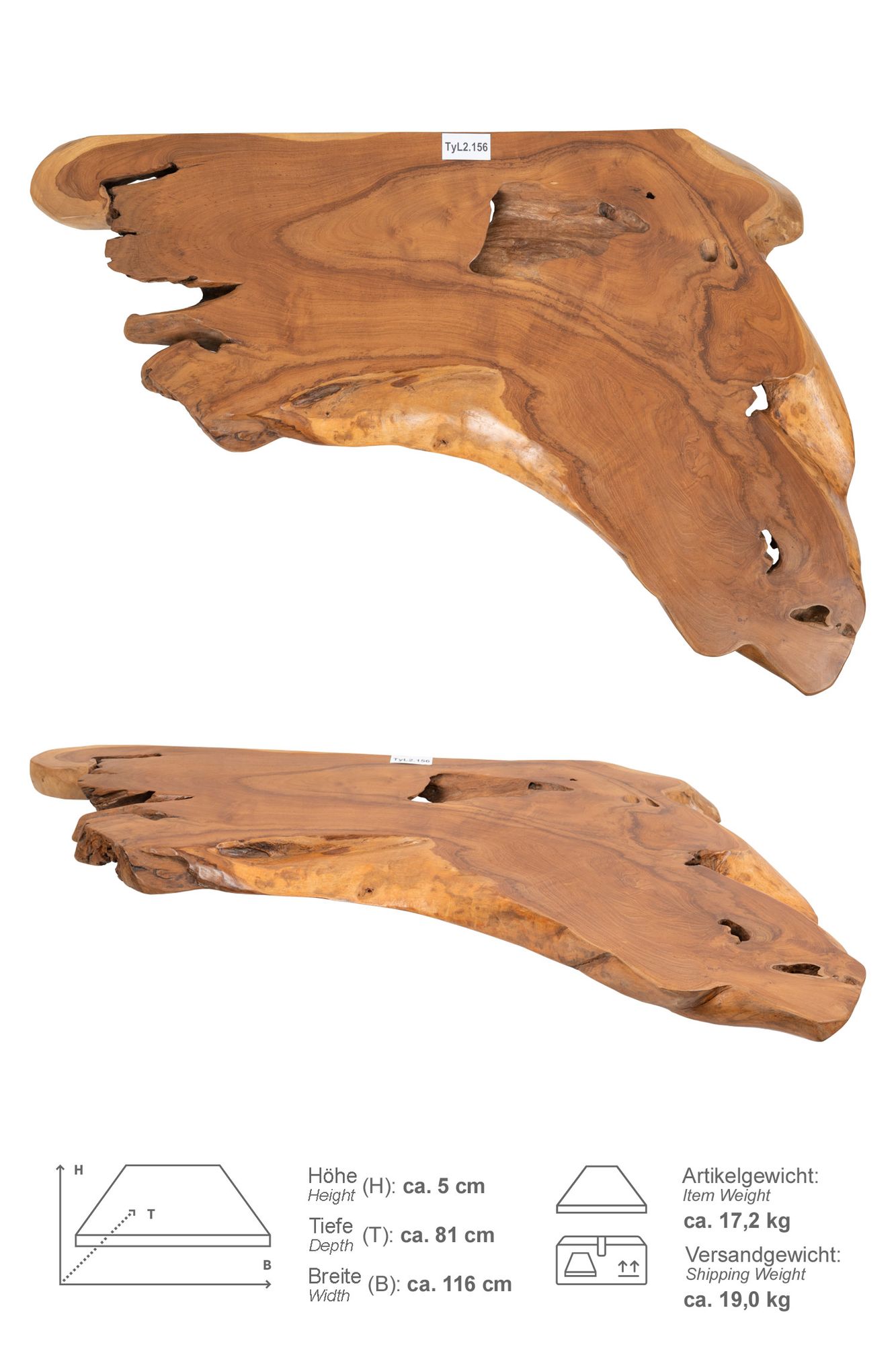 Teak Holz Waschtischplatte LYLAC Gr. L ab 100 cm braun lasiert TyL2.156