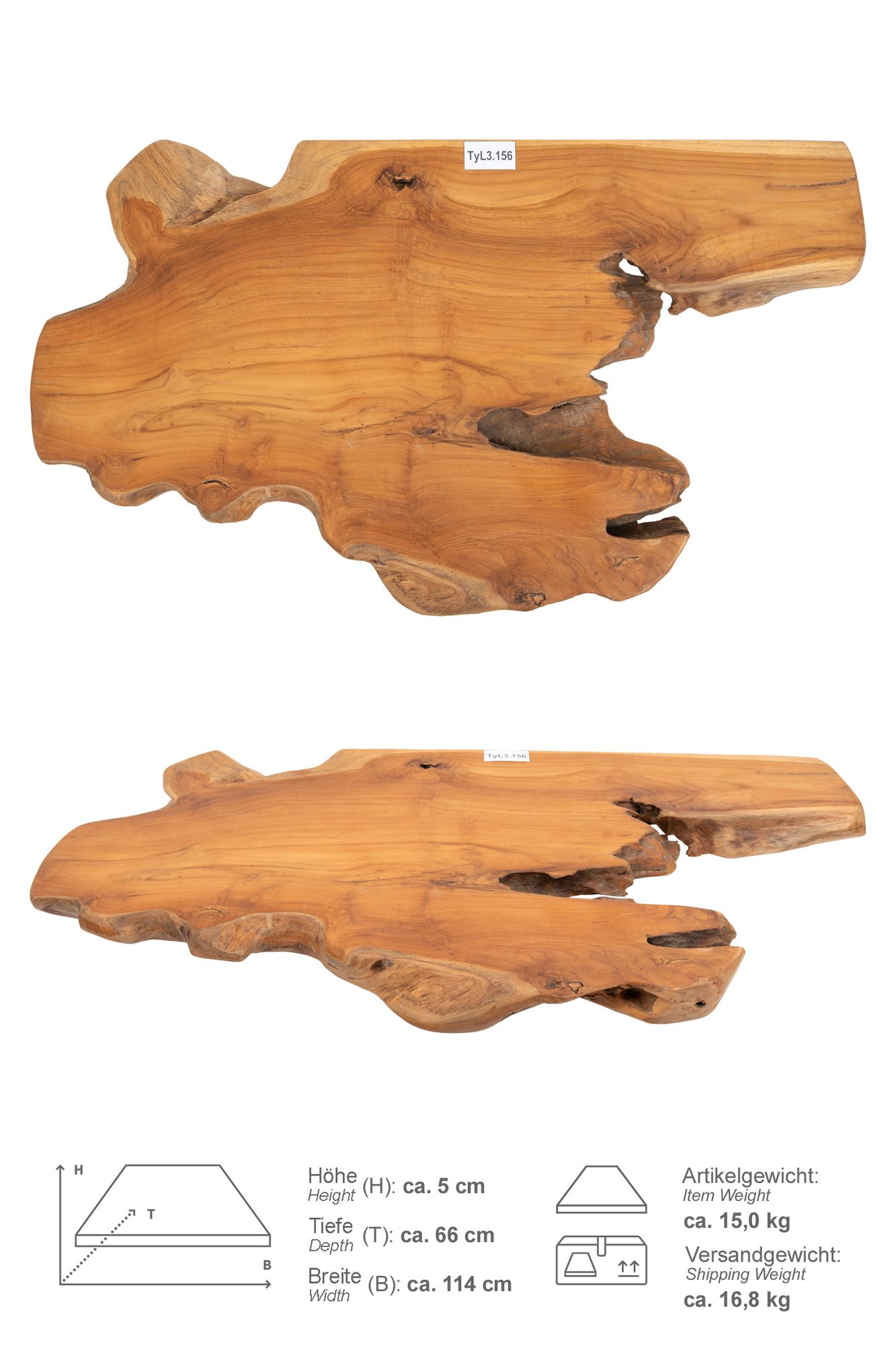 Teak Holz Waschtischplatte LYLAC Gr. L ab 100 cm braun lasiert TyL3.156