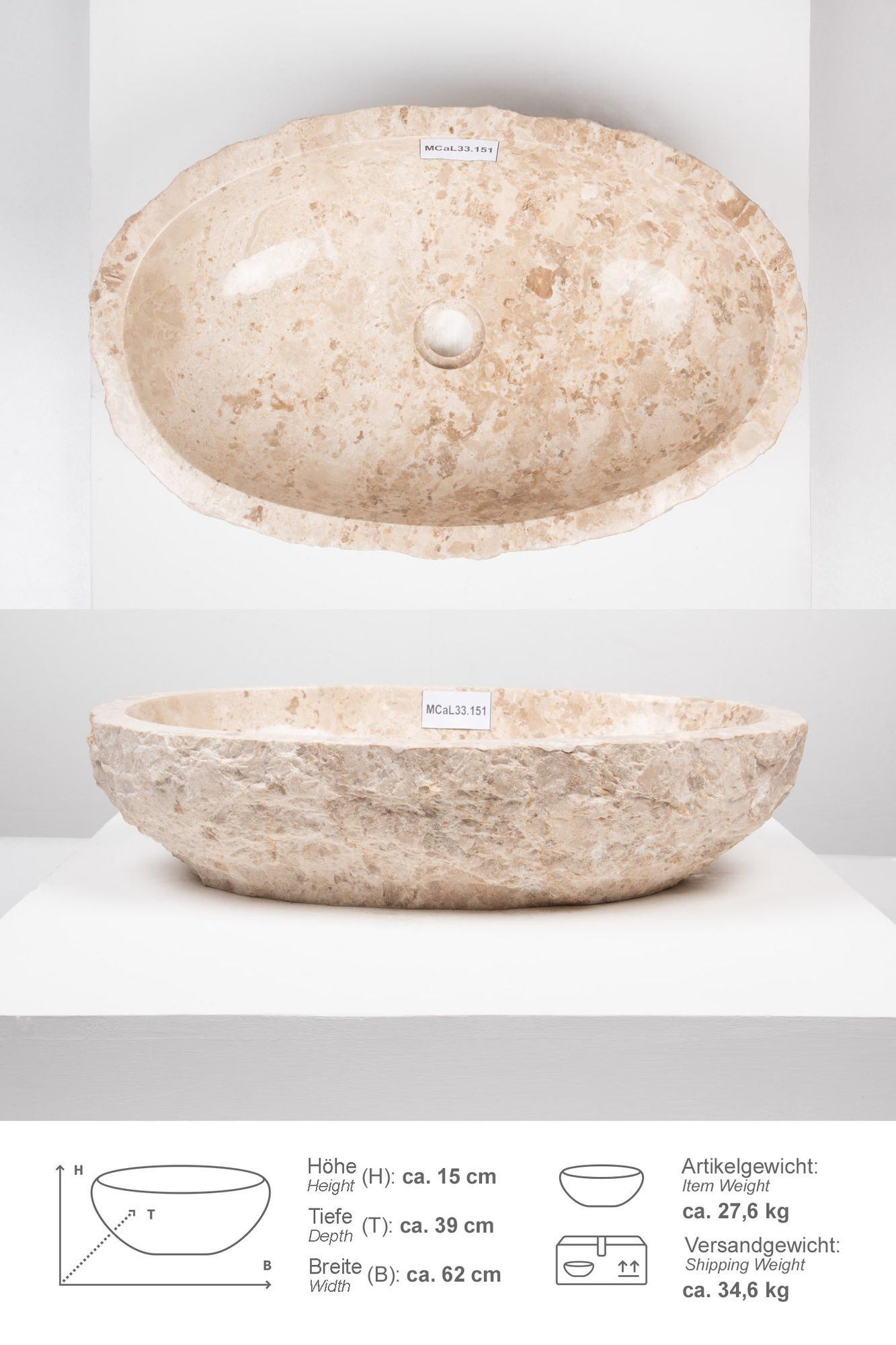 Erosi Marmor Waschbecken 60 cm creme MCaL33.151