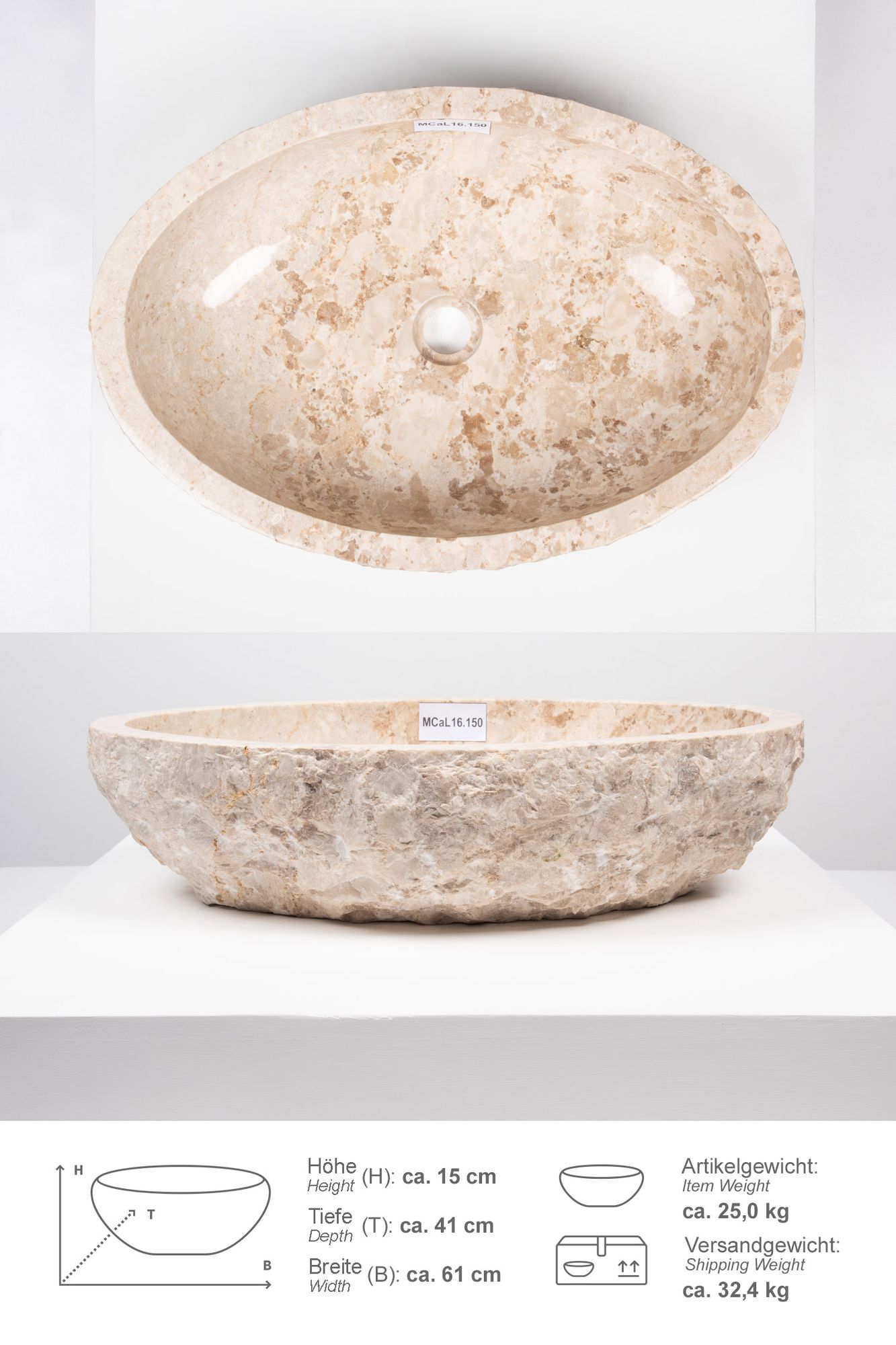 Erosi Marmor Waschbecken 60 cm creme MCaL16.150