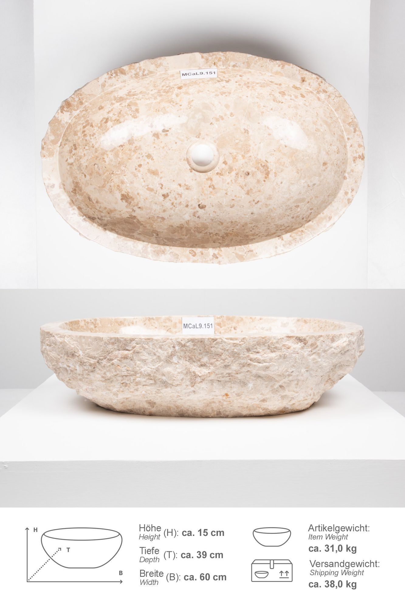 Erosi Marmor Waschbecken 60 cm creme MCaL9.151