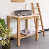 WOHNFREUDEN Teakholz-Waschtisch mit Marmor platte creme 80x52x76 cm