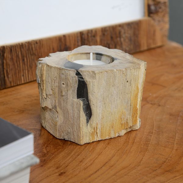 wohnfreuden Teelichthalter Fossiles Holz 12x12x7 cm schwarz creme