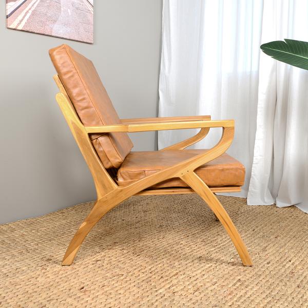 wohnfreuden Leder Lounge Sessel in braun aus indonesischem Teakholz im Kolonial Stil