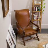 wohnfreuden Leder Lounge Sessel in cognac braun aus indonesischem Teakholz im Kolonial Stil