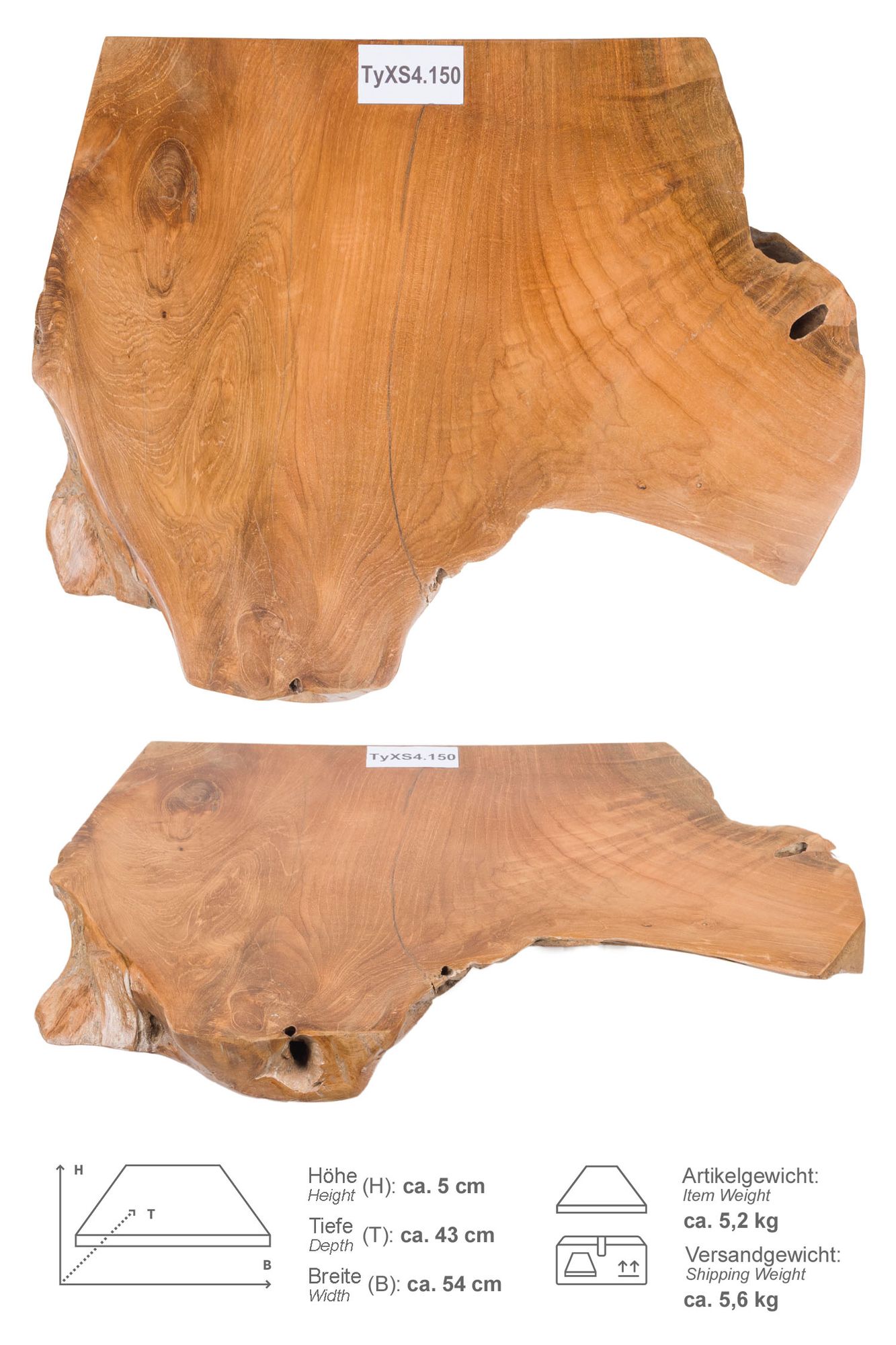 Teakholz Waschtischplatte LYLAC Gr. XS ab 40 cm lasiert TyXS4.150