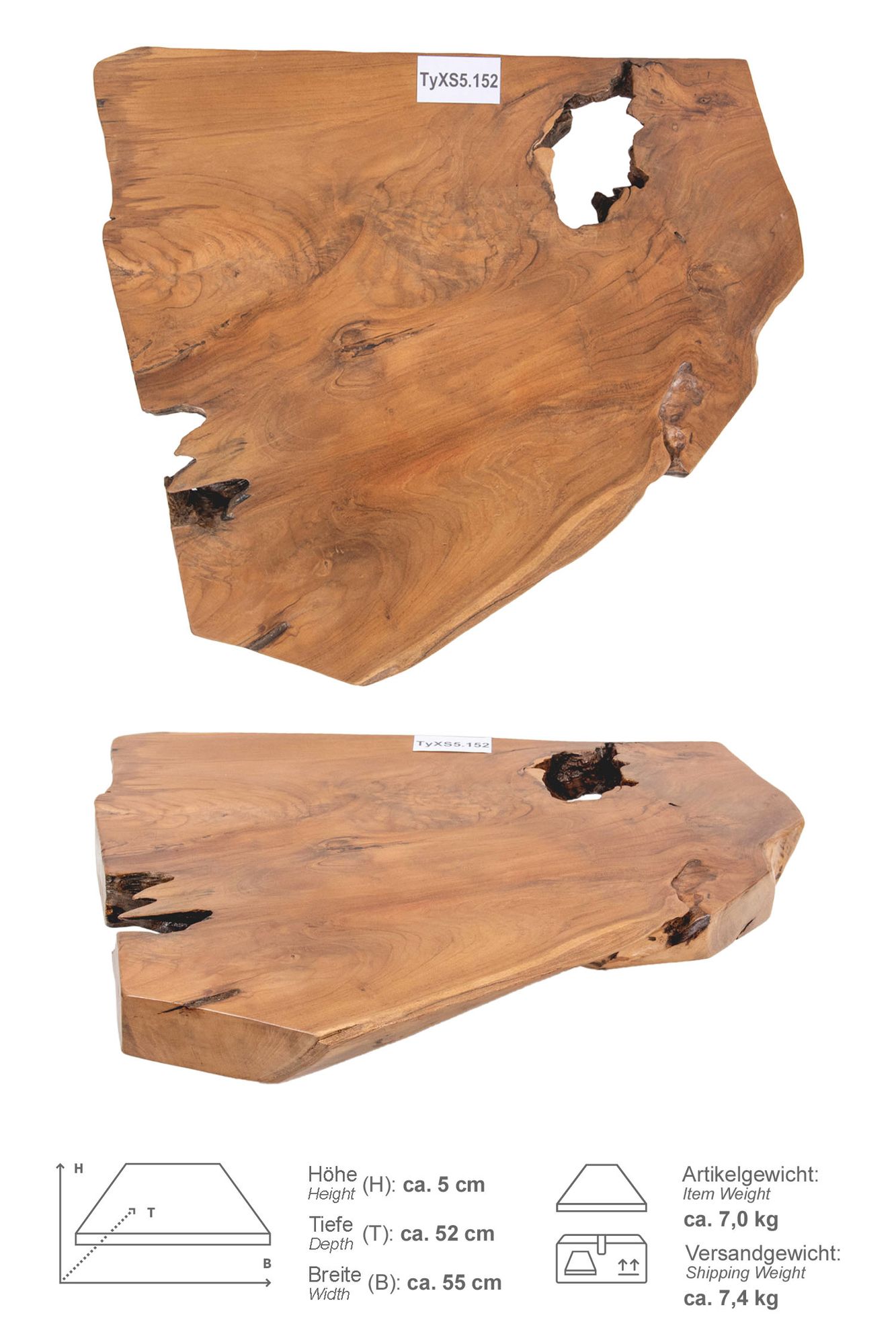 Teakholz Waschtischplatte LYLAC Gr. XS ab 40 cm lasiert TyXS5.152