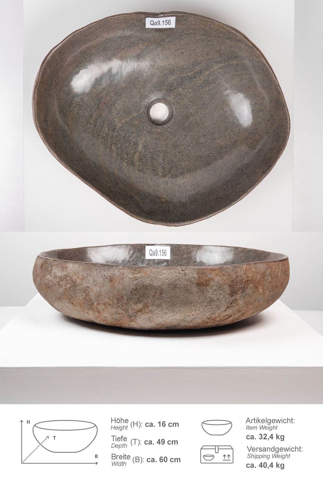 Naturstein Waschbecken 60 cm mit Naturkante Qa9.156