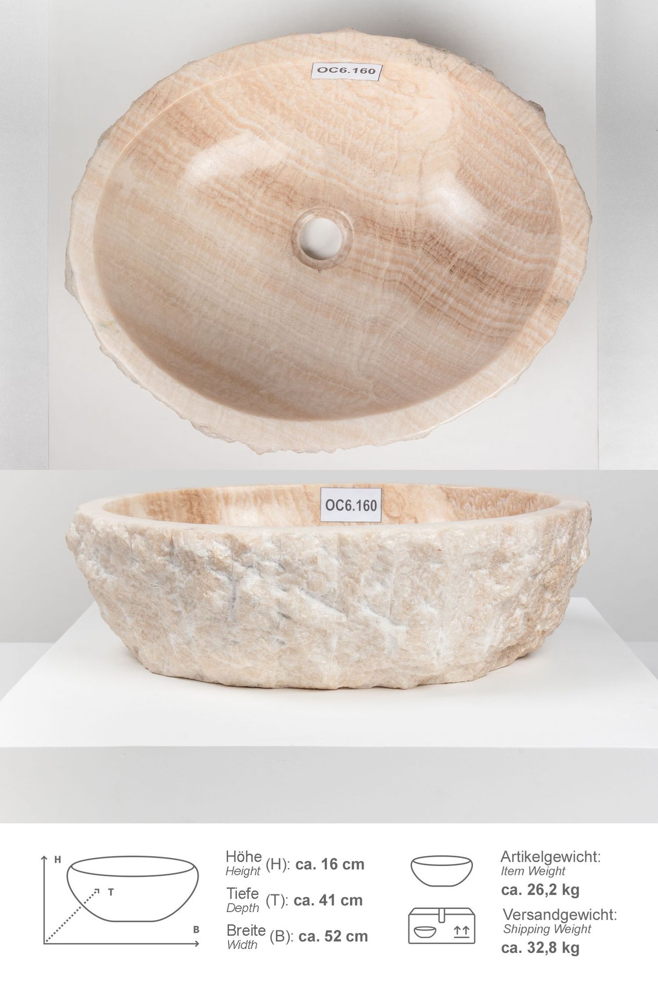 Onyxmarmor Waschbecken 50-60 cm creme natur OC6.160
