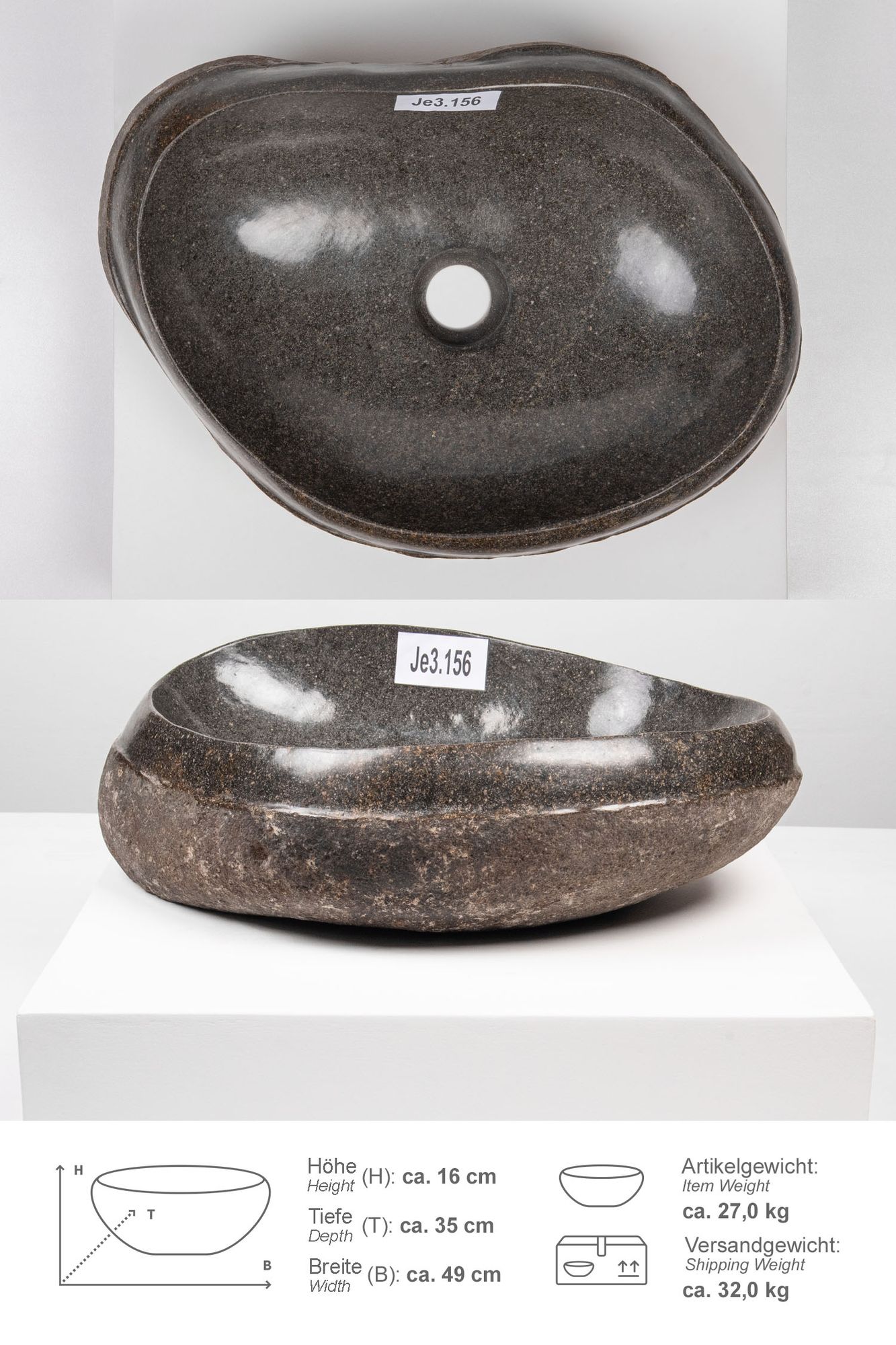 Naturstein Waschbecken ca. 40 cm horizontal poliert Je3.156