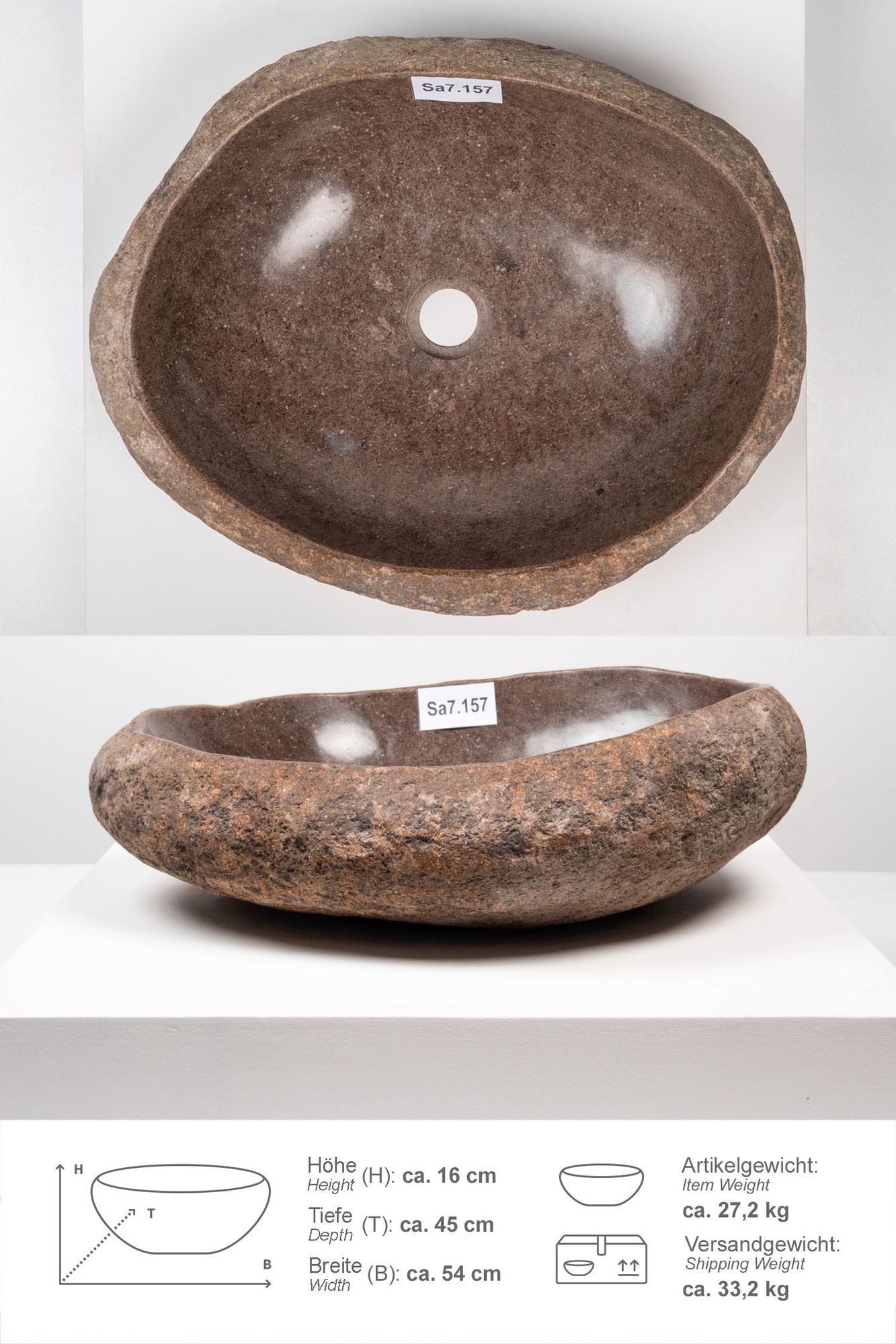 Naturstein Waschbecken 50 cm mit Naturkante Sa7.157