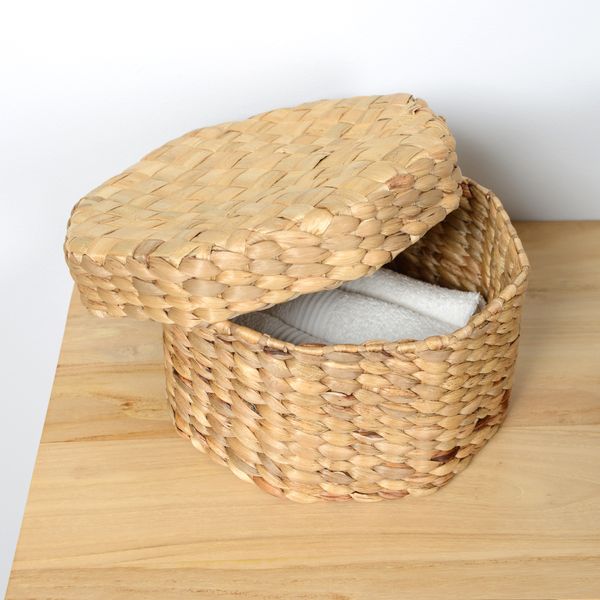 wohnfreuden Korb OCTA aus Wasserhyazinthe mit Deckel 28 cm creme eckig