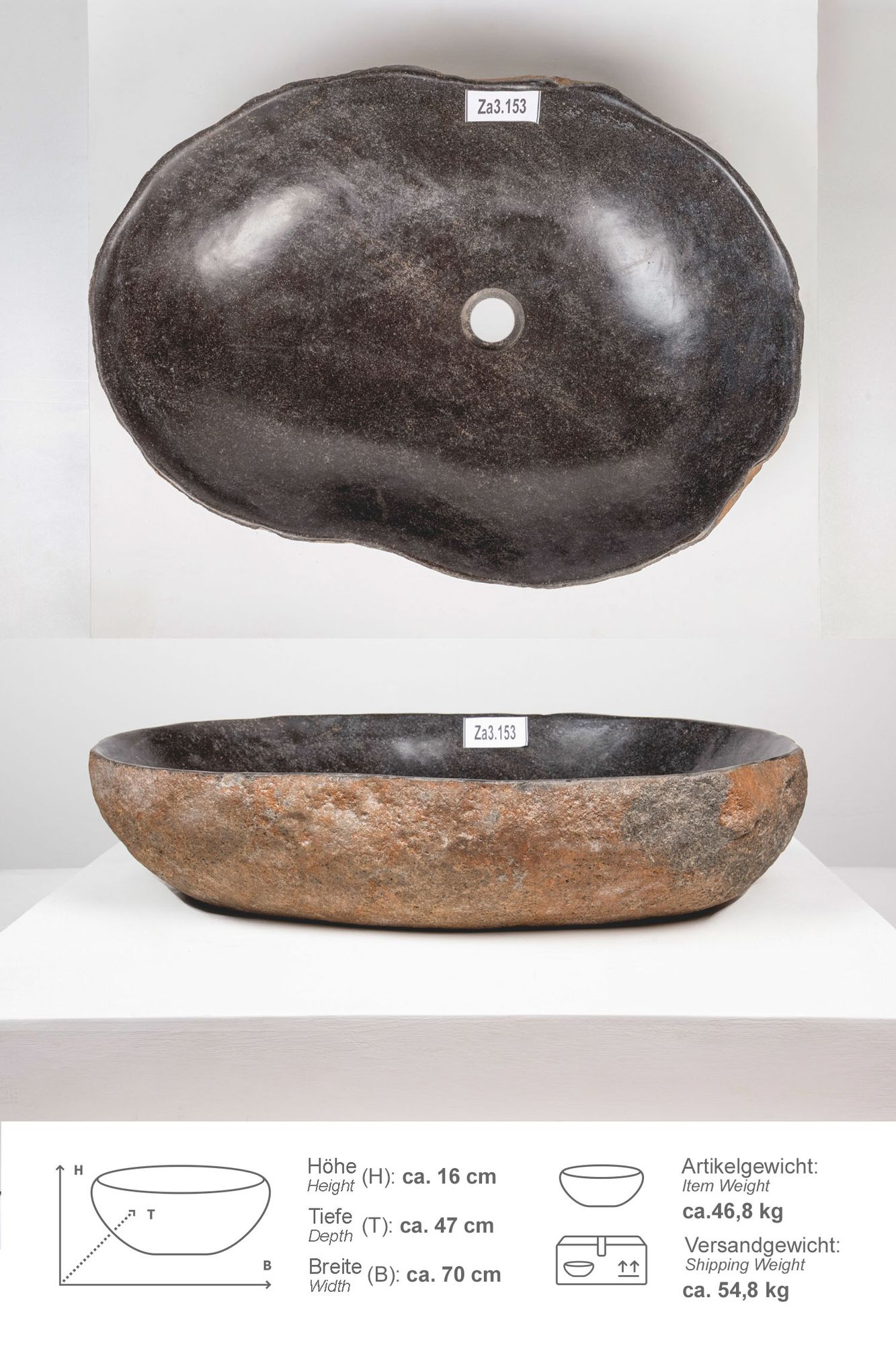 Naturstein Waschbecken 70 cm mit Naturkante Za3.153