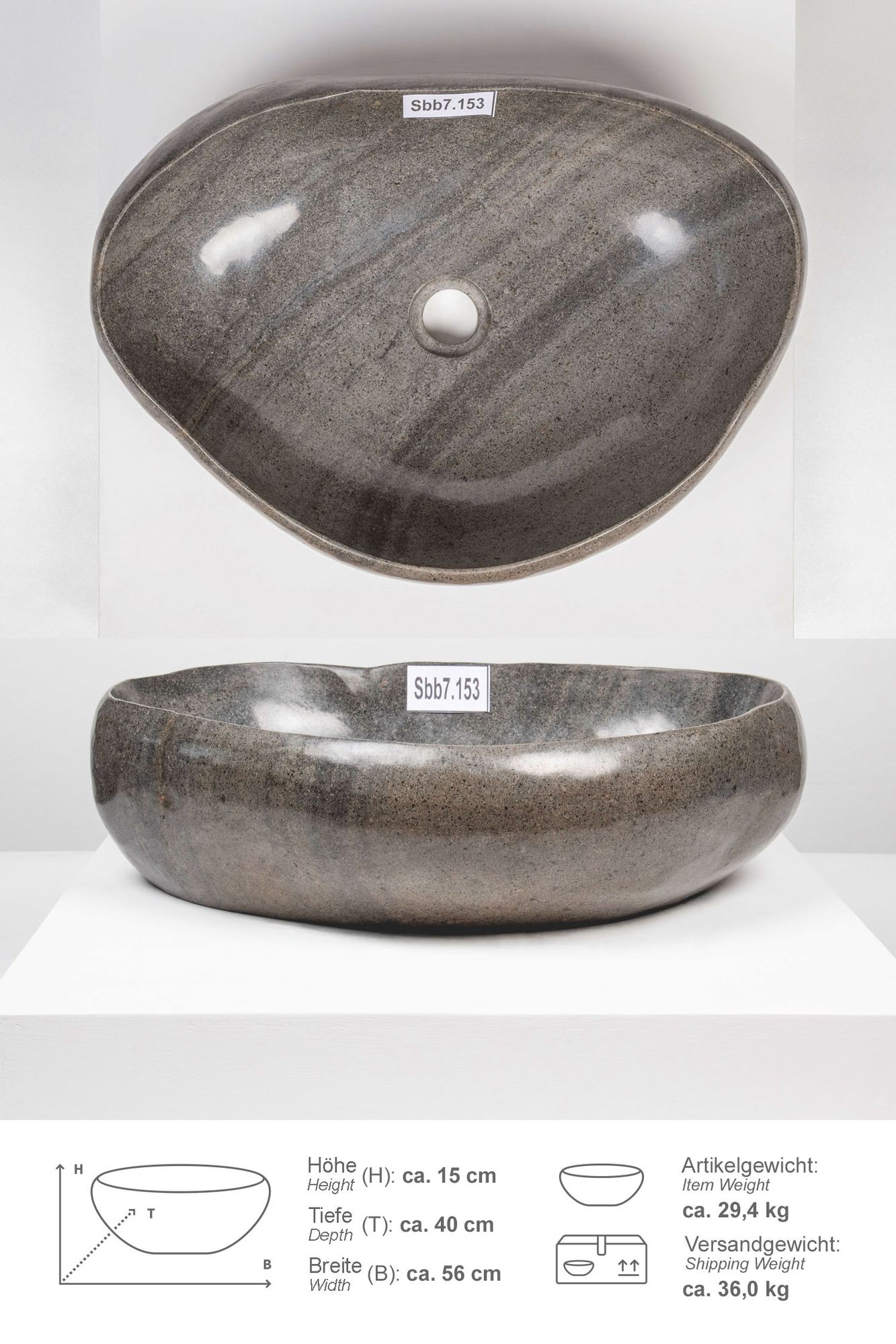 Naturstein Waschbecken 50 cm rundum poliert mit Naturkante Sbb7.153