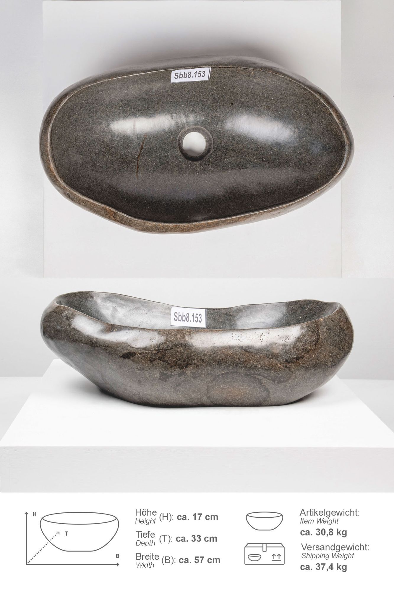 Naturstein Waschbecken 50 cm rundum poliert mit Naturkante Sbb8.153