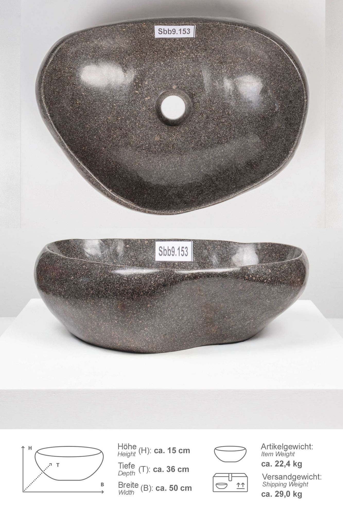 Naturstein Waschbecken 50 cm rundum poliert mit Naturkante Sbb9.153