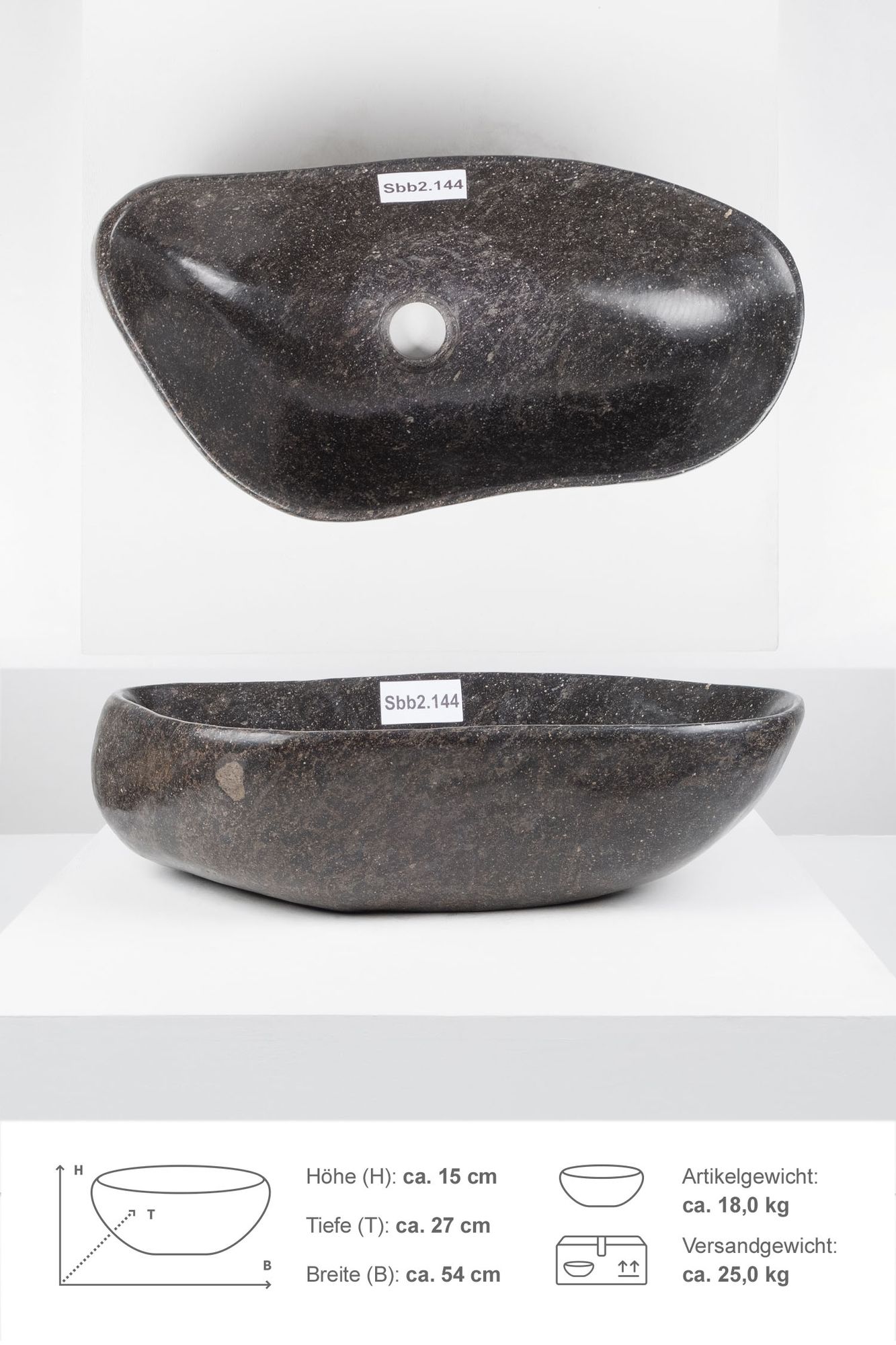 Naturstein Waschbecken 50 cm rundum poliert mit Naturkante Sbb2.144