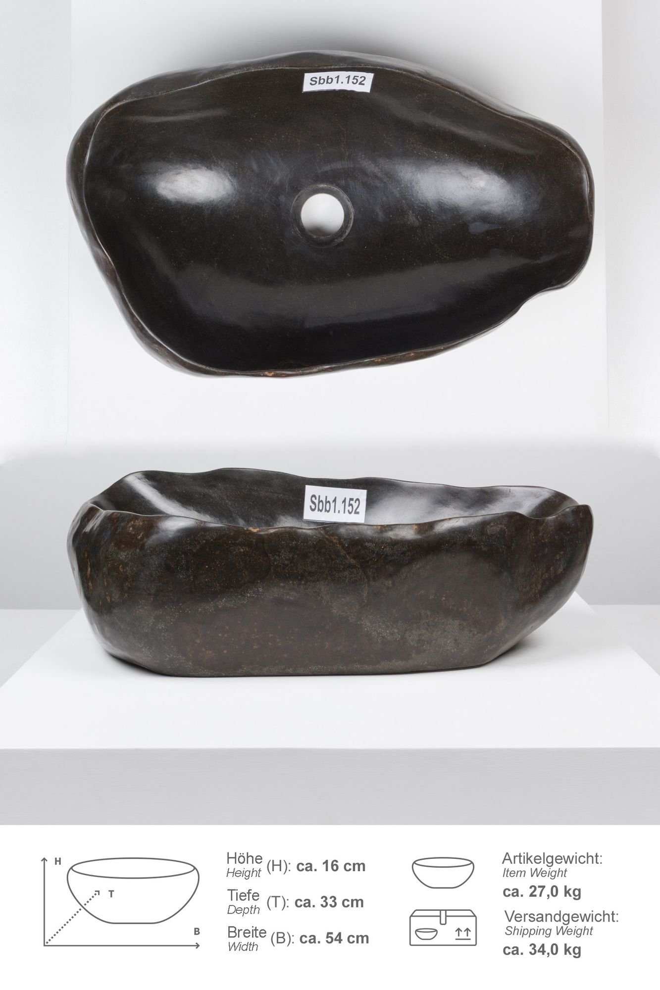 Naturstein Waschbecken 50 cm rundum poliert mit Naturkante Sbb1.152