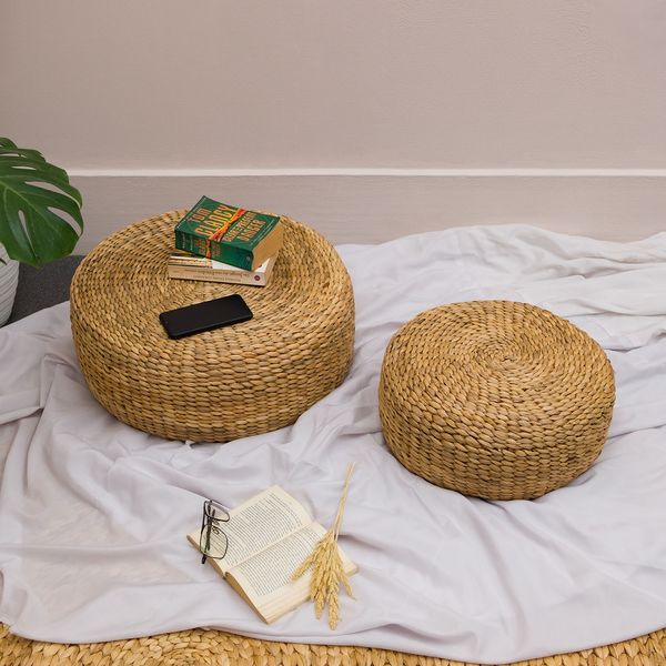 wohnfreuden Rund Pouf Sitzkissen Sitzsack-Hocker Fußhocker Bodenkissen Polsterhocker Strickhocker 40 cm Wasserhyazinthe Natur Hocker