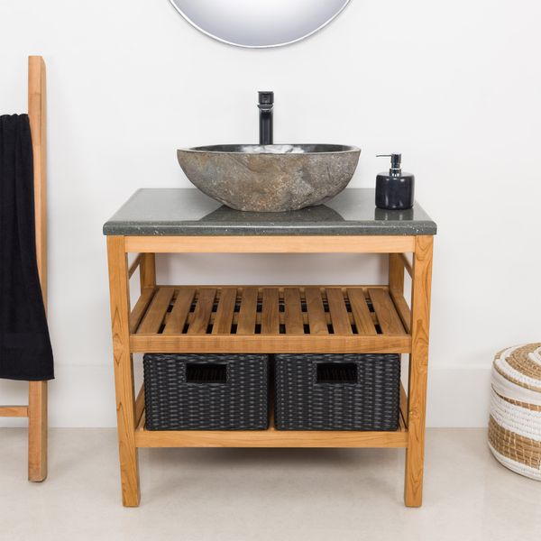 Wohnfreuden Teakholz Waschtisch JUNIOR 80 cm inkl. 2 Körbe und Natursteinplatte 