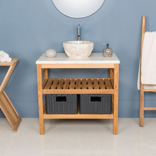 Teakholz Waschtisch  JUNIOR 80 cm inkl. 2 Körbe und Marmor Platte creme Wohnfreuden