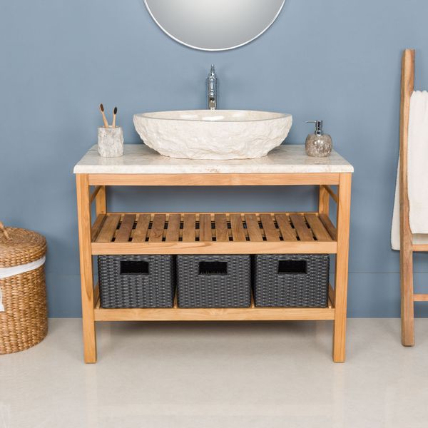 Wohnfreuden Teakholz Waschtisch JUNIOR 100 cm mit Marmor Platte creme inkl. 3 Körbe 