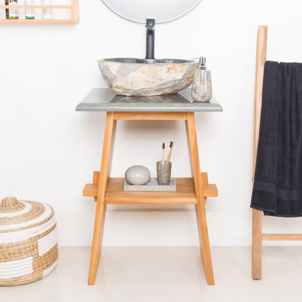 Wohnfreuden Teakholz Waschtisch ZEN 60 cm mit Naturstein Platte extra hoch