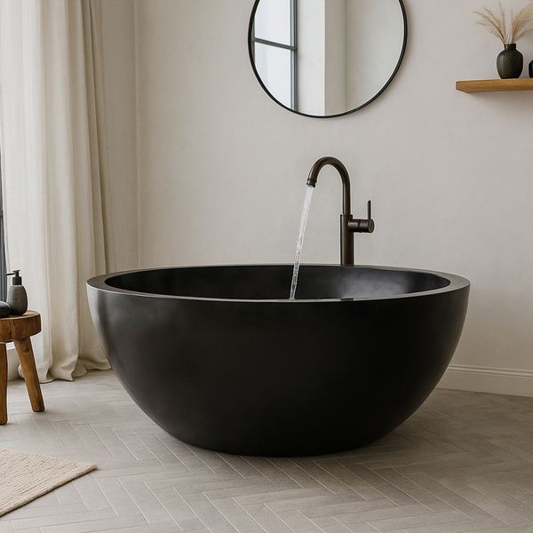 Badewanne aus Terrazzo rund 150 cm schwarz poliert wohnfreuden