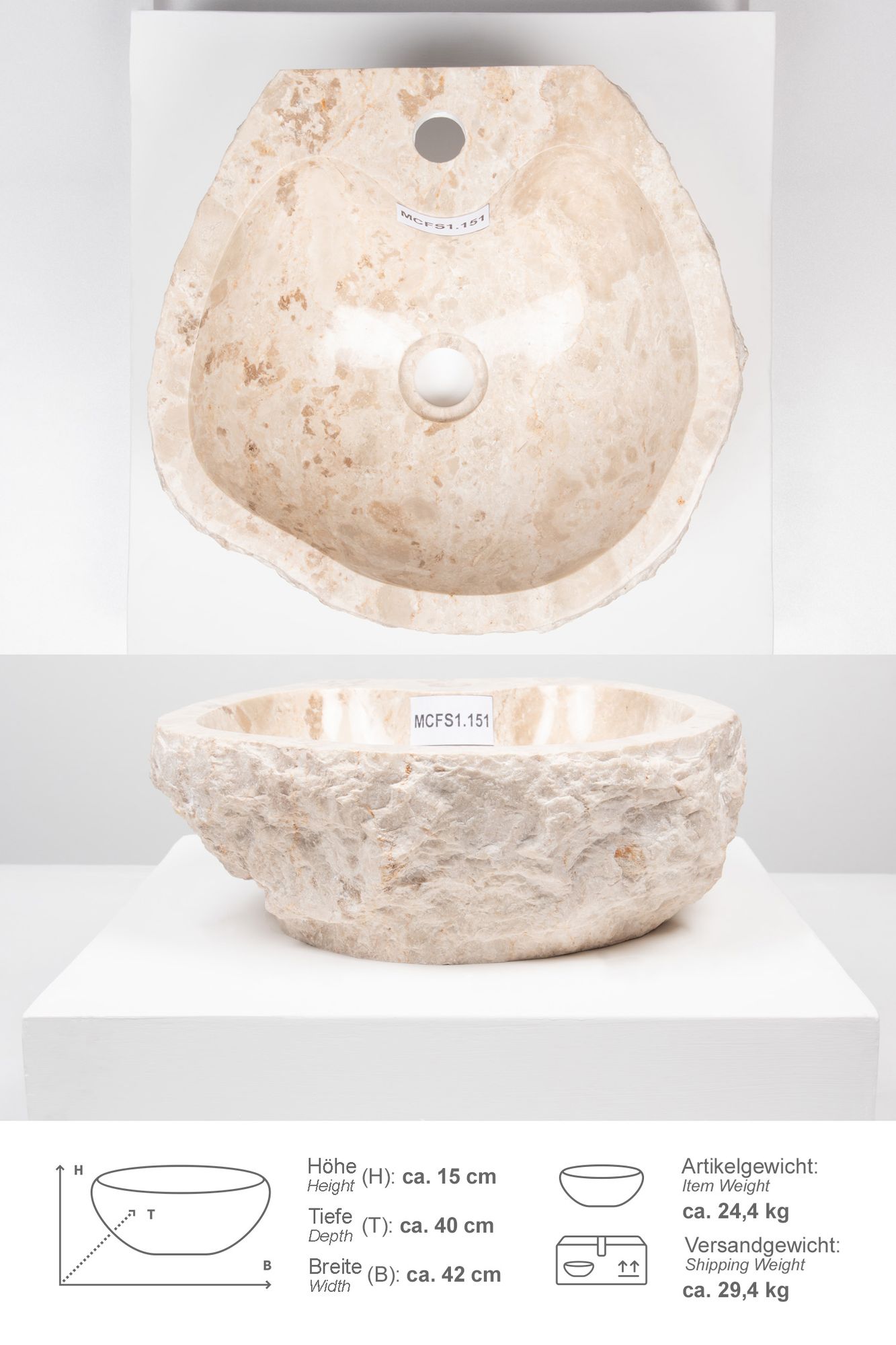 Erosi Marmor Waschbecken mit gerader Rückwand creme 40 cm MCFS1.151