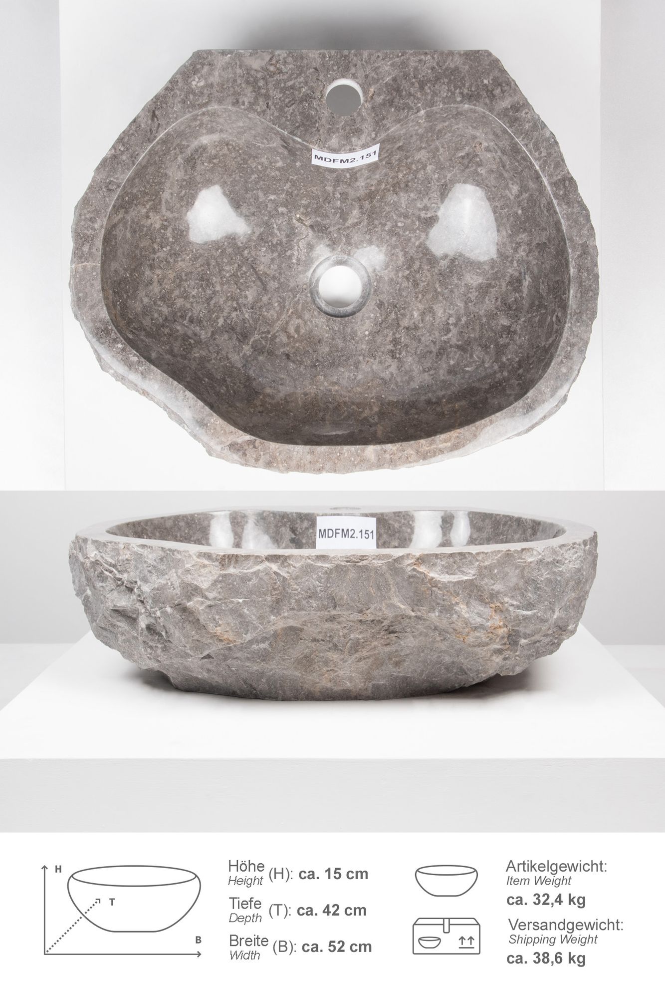 Erosi Marmor Waschbecken 50 cm grau mit gerader Rückwand MDFM2.151