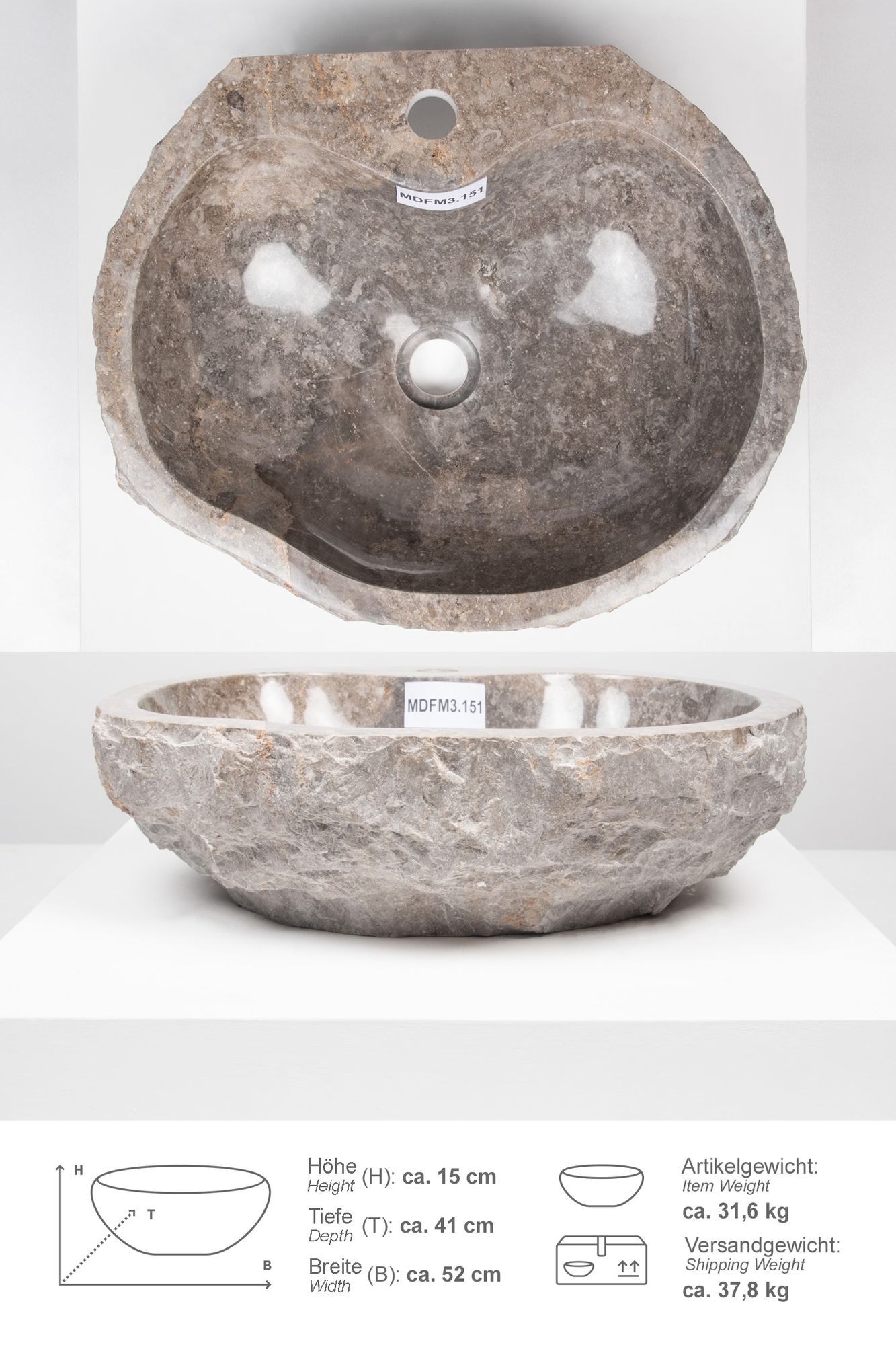 Erosi Marmor Waschbecken 50 cm grau mit gerader Rückwand MDFM3.151