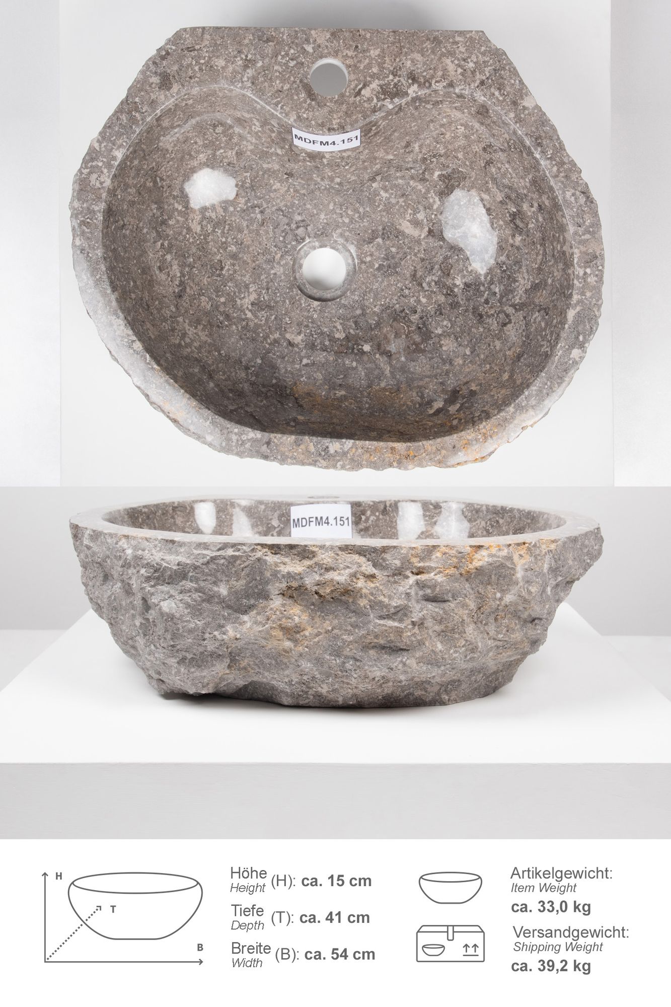 Erosi Marmor Waschbecken 50 cm grau mit gerader Rückwand MDFM4.151