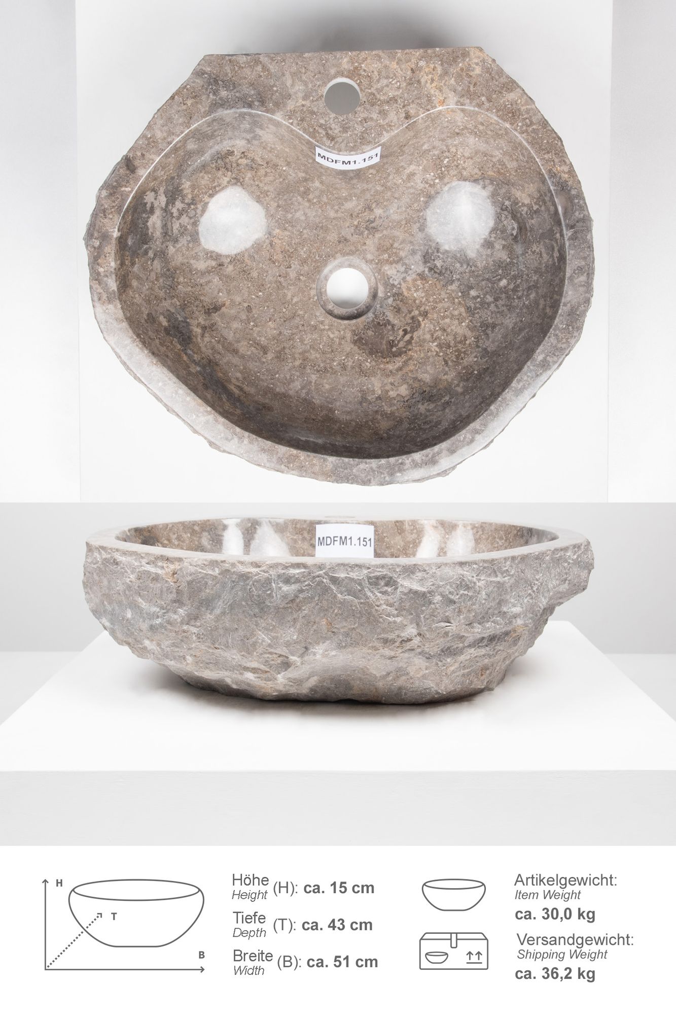 Erosi Marmor Waschbecken 50 cm grau mit gerader Rückwand MDFM1.151