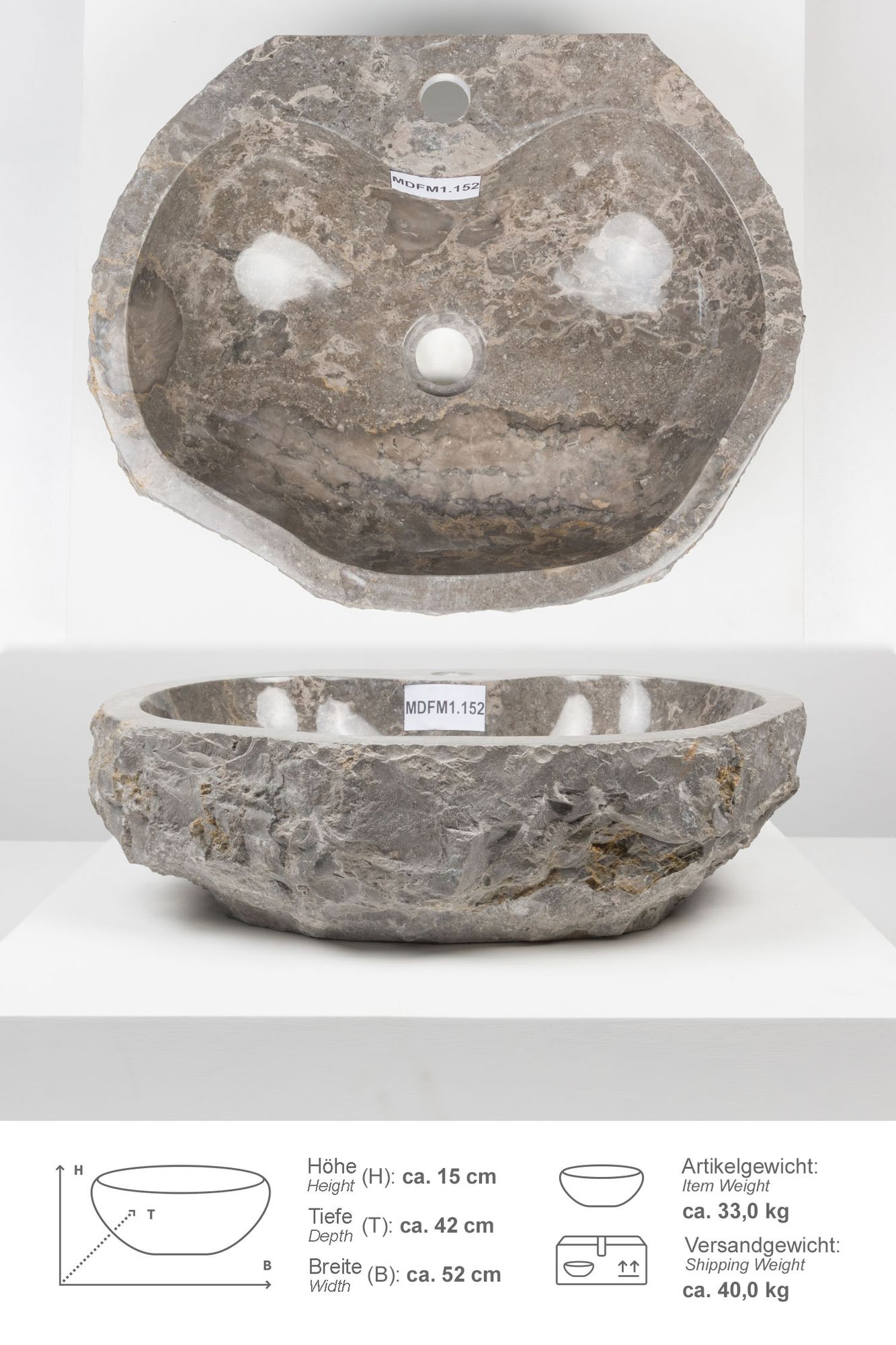 Erosi Marmor Waschbecken 50 cm grau mit gerader Rückwand MDFM1.152