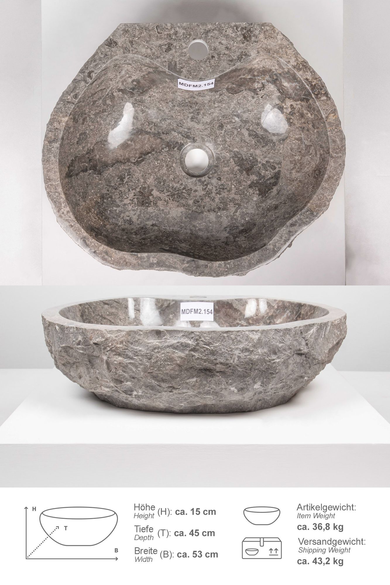 Erosi Marmor Waschbecken 50 cm grau mit gerader Rückwand MDFM2.154